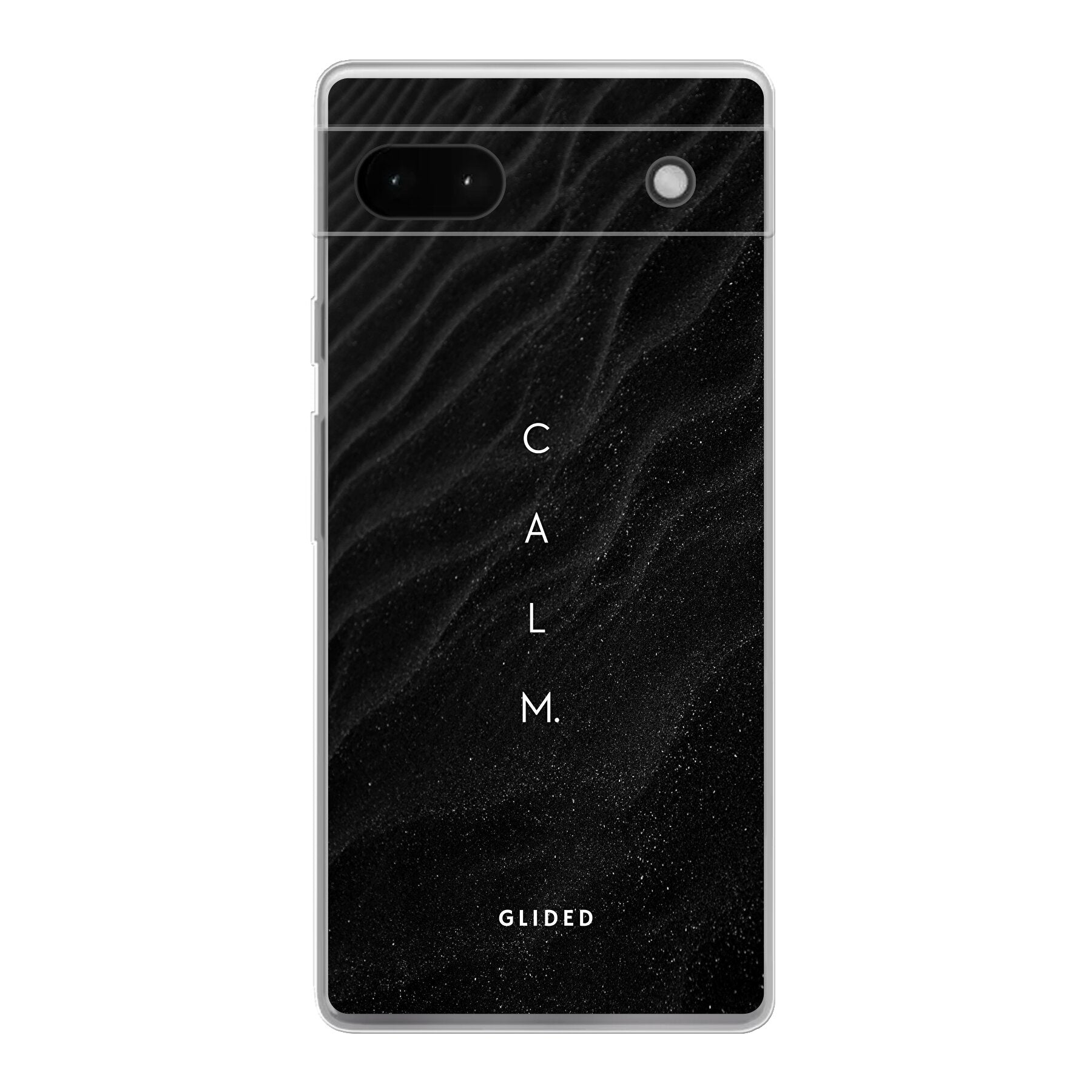 Minimalistische 'Calm' Handyhülle für Google Pixel 6a mit ruhigem Schriftzug auf dunklem Hintergrund.
