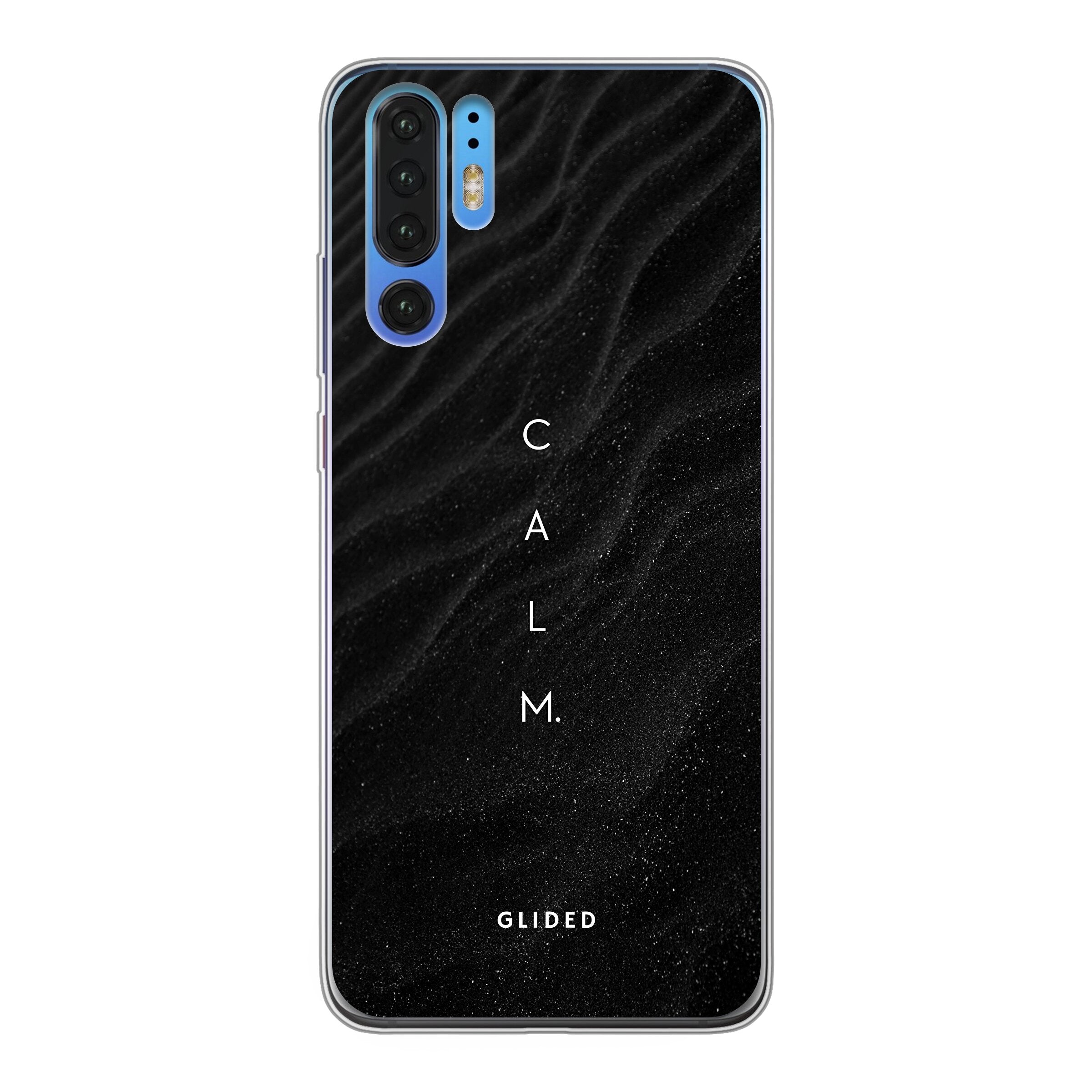 Minimalistische Huawei P30 Pro Handyhülle mit dem Schriftzug 'Calm' auf dunklem Hintergrund, ideal für stilvollen Schutz.