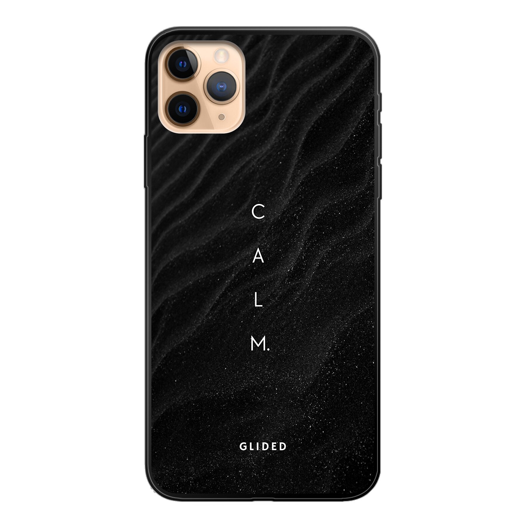 Minimalistische iPhone 11 Pro Max Handyhülle mit dem Schriftzug 'Calm' auf dunklem Hintergrund, ideal für stilvollen Schutz.