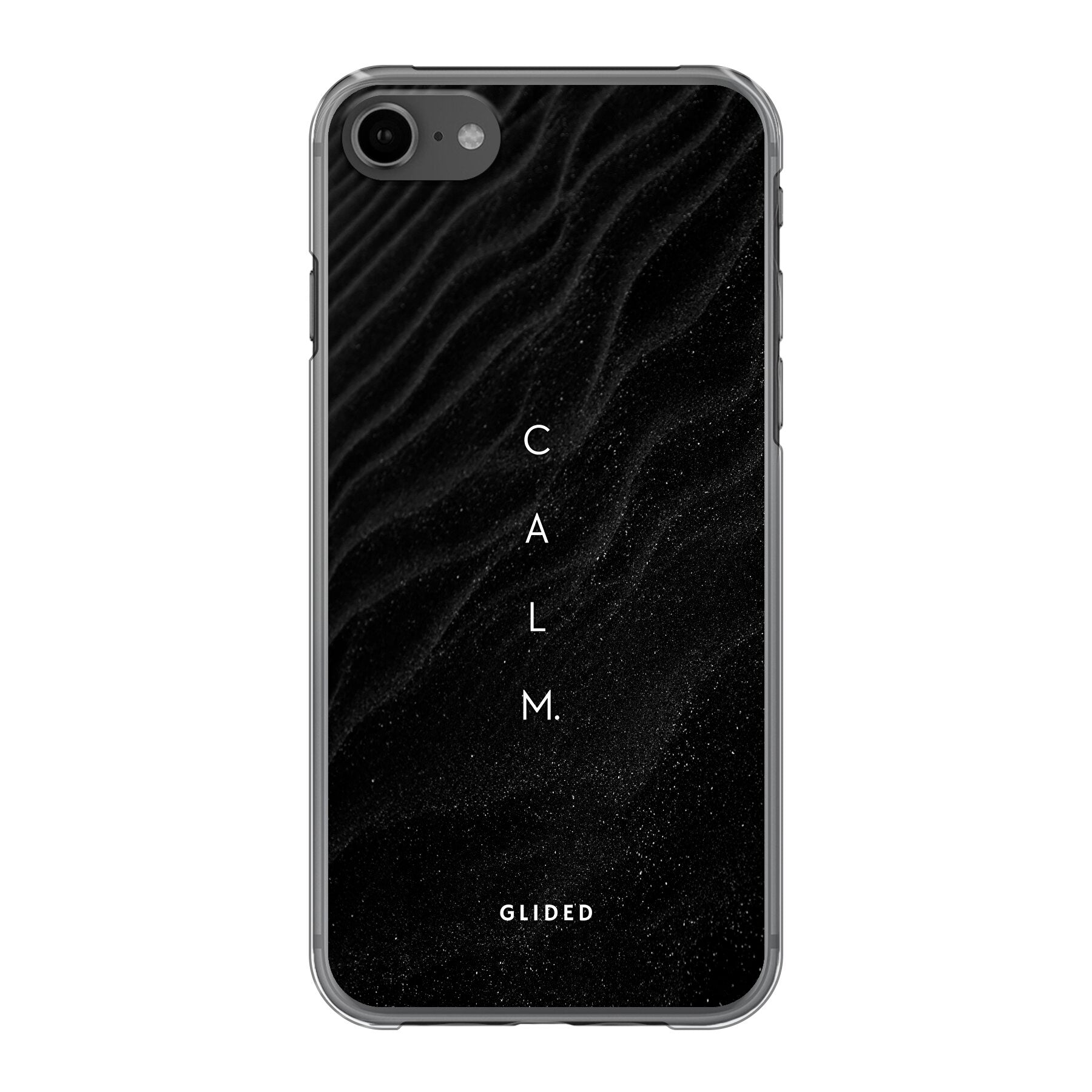 Minimalistische iPhone SE 2020 Handyhülle mit dem Schriftzug 'Calm' auf dunklem Hintergrund, ideal für stilvollen Schutz.