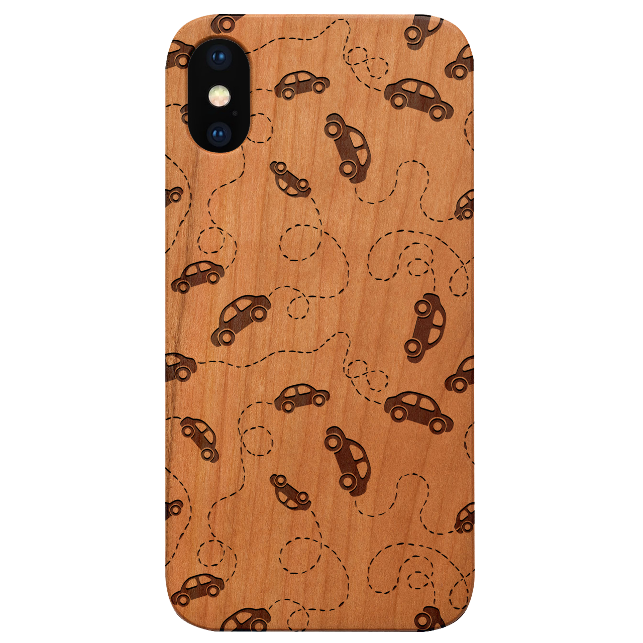 Car Pattern Engraved wooden phone case showcasing intricate design and natural wood finish.