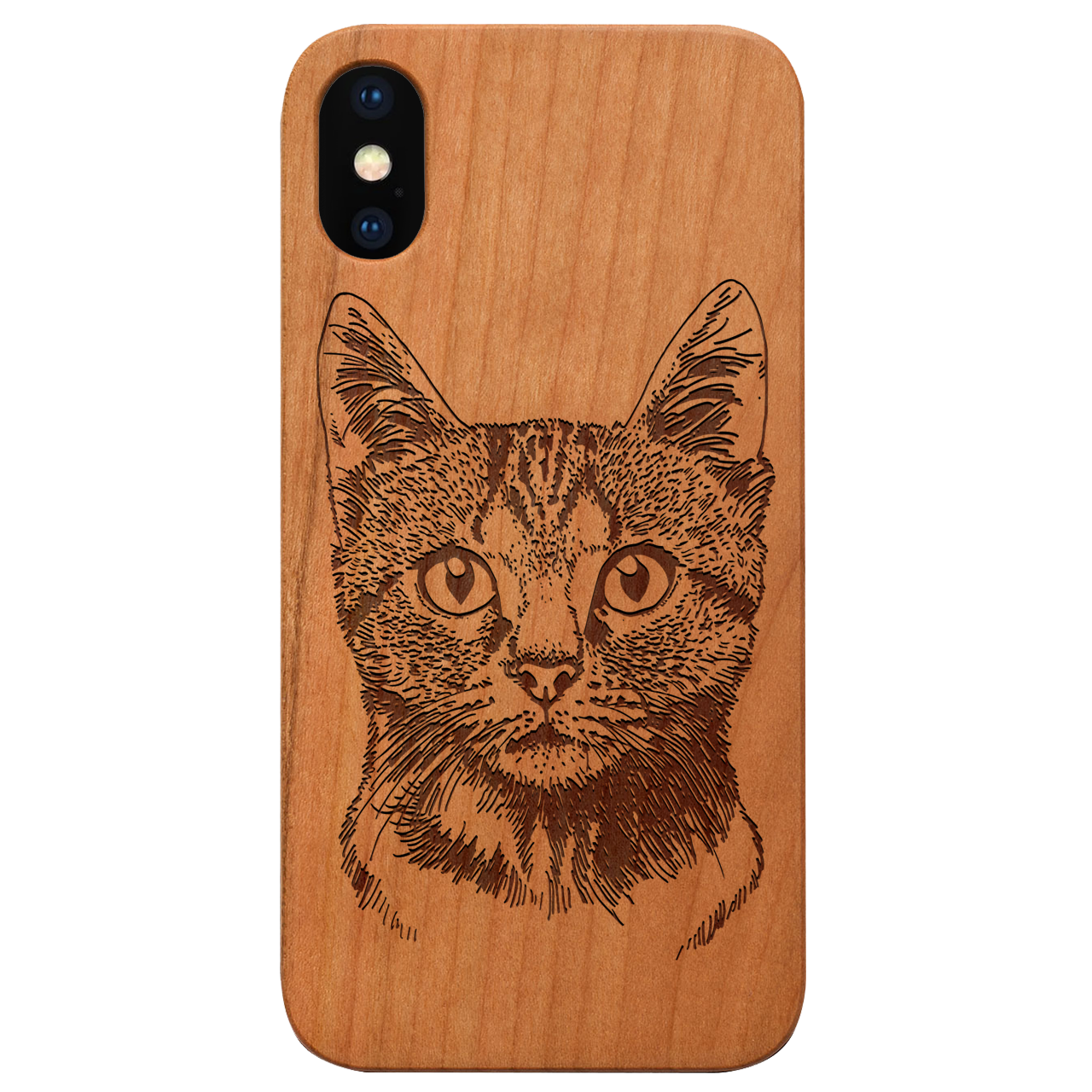 Cat Engraved wooden phone case showcasing unique laser-engraved design and natural wood finish.