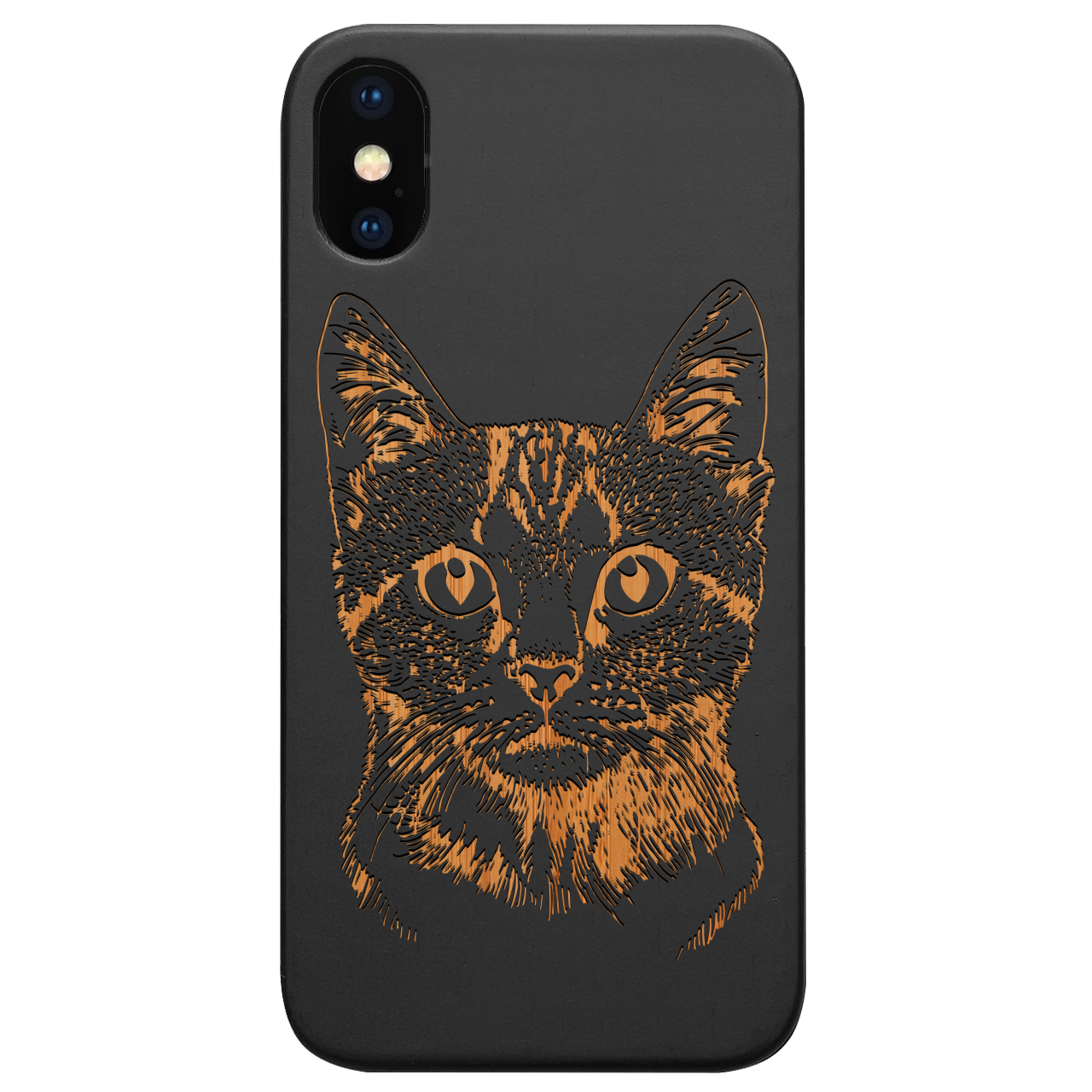 Cat Engraved wooden phone case showcasing unique laser-engraved design and natural wood finish.