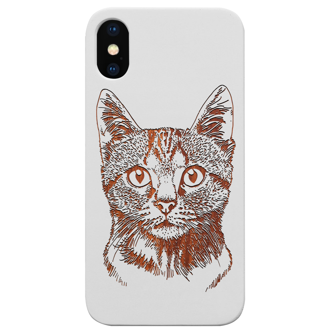 Cat Engraved wooden phone case showcasing unique laser-engraved design and natural wood finish.