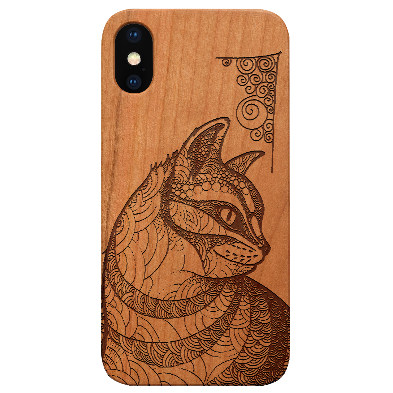 Cat Mandala 2 - Engraved wooden phone case showcasing intricate mandala design and natural wood finish.