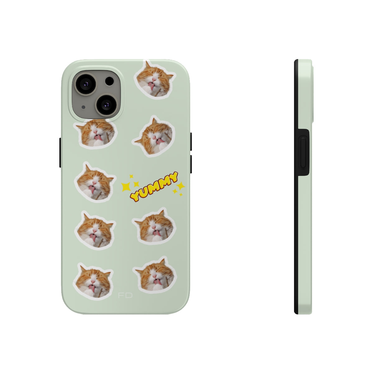 Cat Yummy Tough Case for iPhone, featuring a glossy finish and rubber lining for protection, designed for wireless charging.