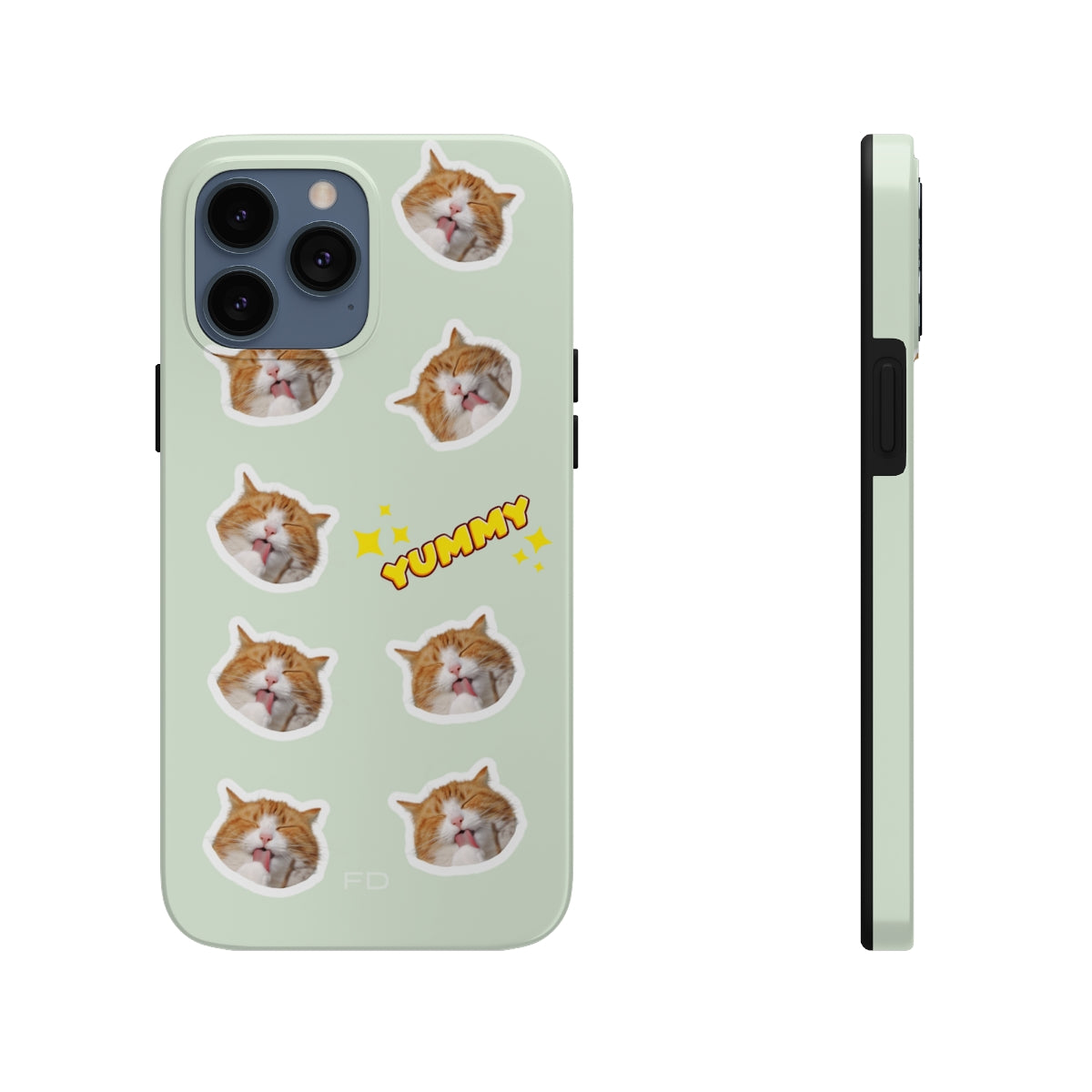 Cat Yummy Tough Case for iPhone, featuring a glossy finish and rubber lining for protection, designed for wireless charging.