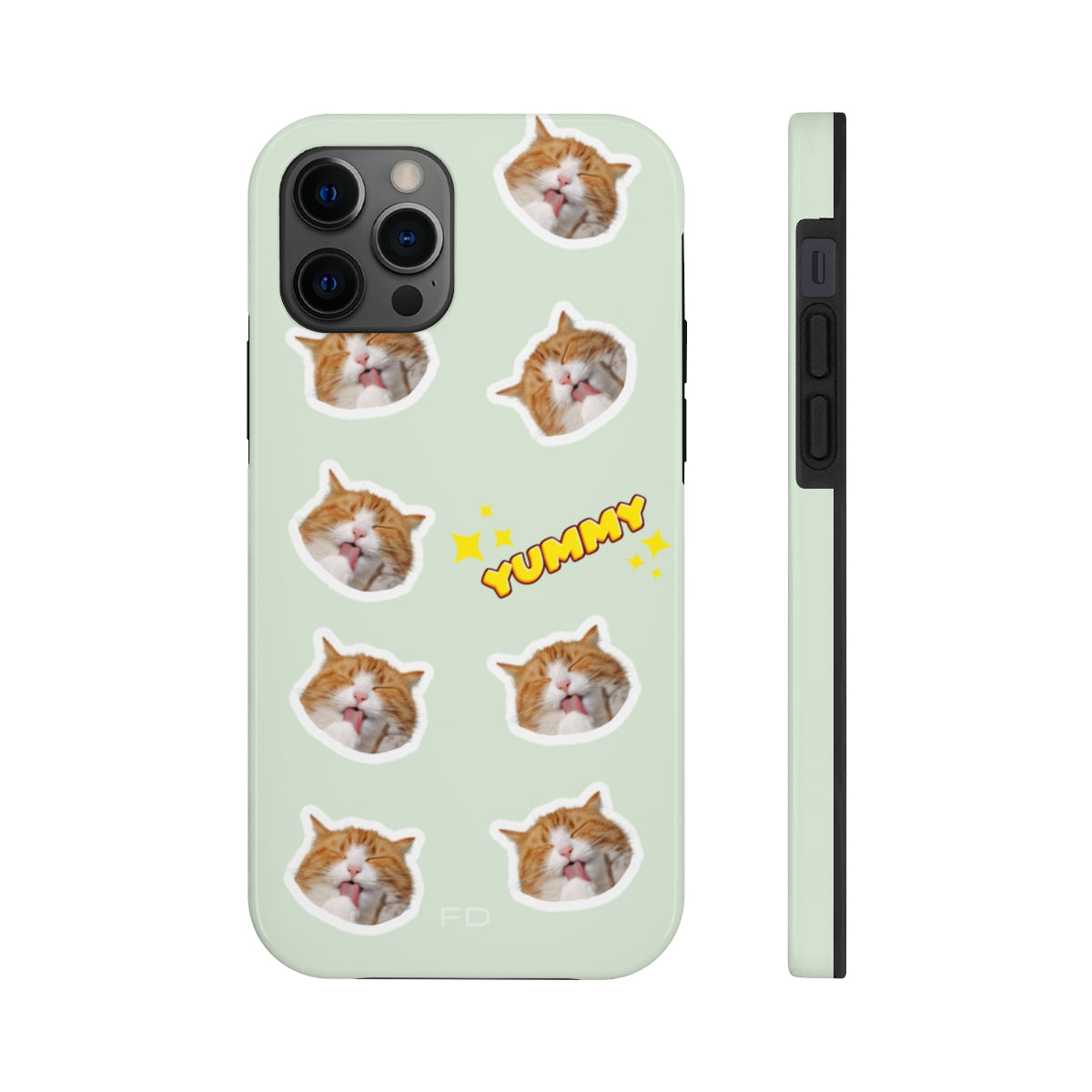 Cat Yummy Tough Case for iPhone, featuring a glossy finish and rubber lining for protection, designed for wireless charging.