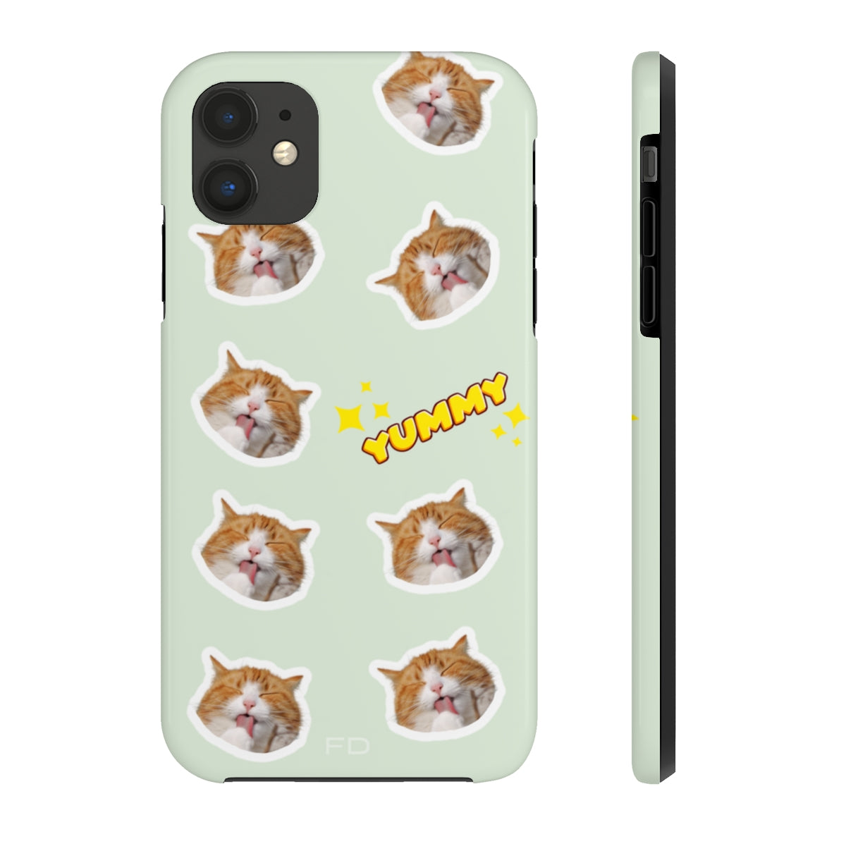 Cat Yummy Tough Case for iPhone, featuring a glossy finish and rubber lining for protection, designed for wireless charging.