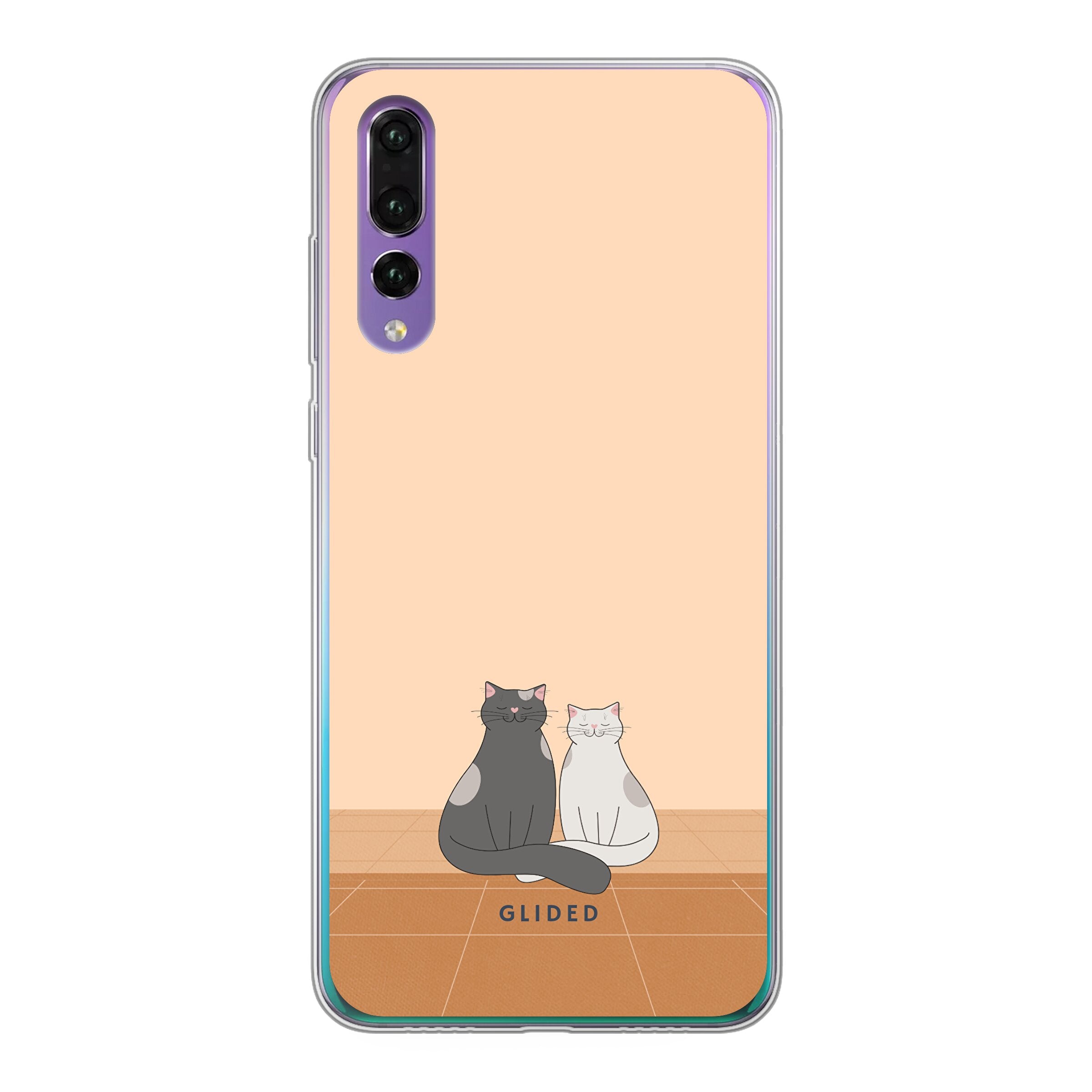 Catty Friends Huawei P30 Handyhülle mit zwei Katzenfreunden auf aprikosenfarbenem Hintergrund, bietet stilvollen Schutz.