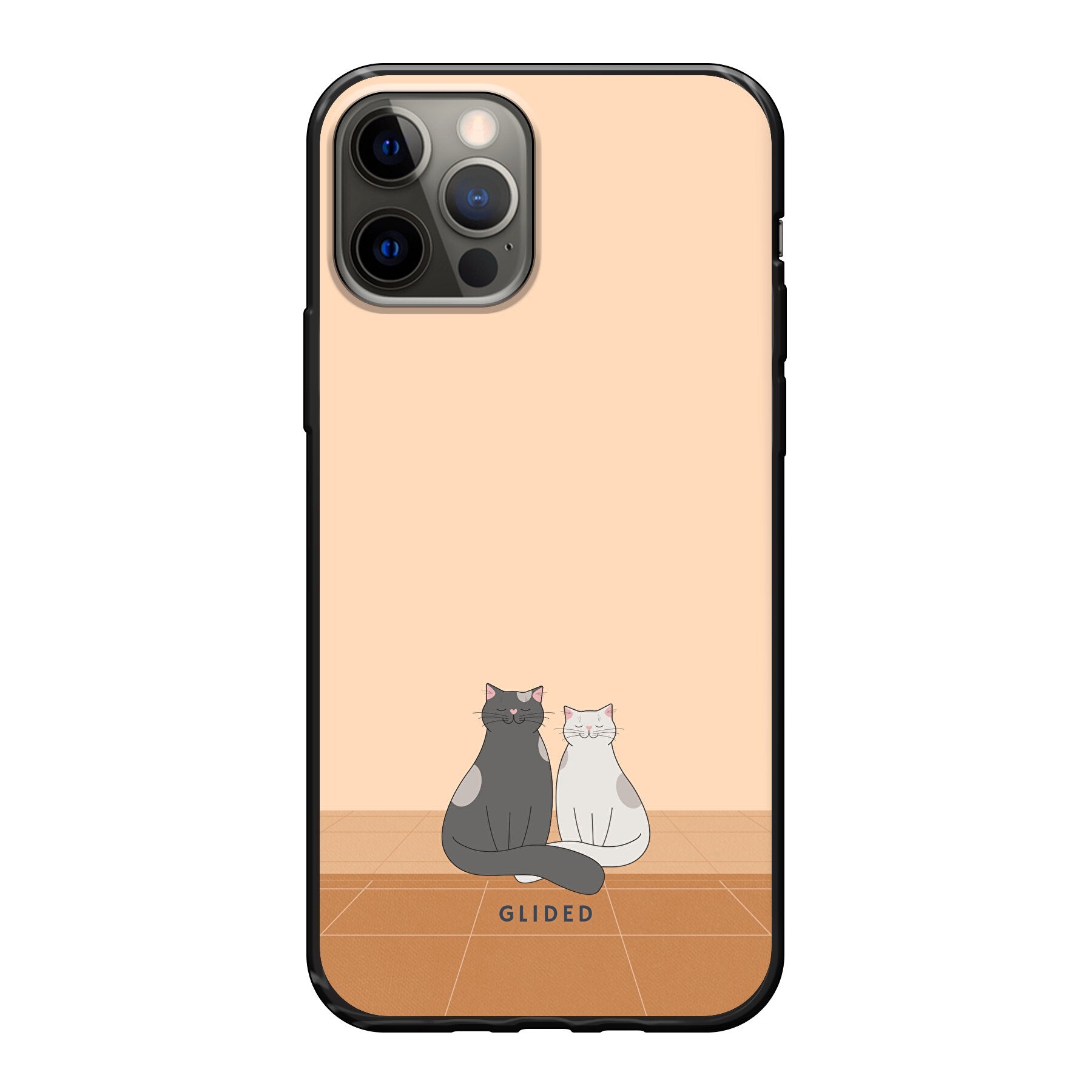 Catty Friends iPhone 12 Pro Handyhülle mit zwei süßen Katzenfreunden auf aprikosenfarbenem Hintergrund.