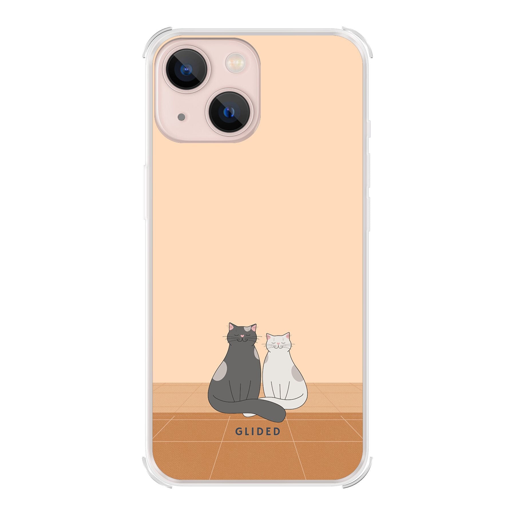 Catty Friends Handyhülle für iPhone 13 mini mit zwei süßen Katzenfreunden auf aprikosenfarbenem Hintergrund.