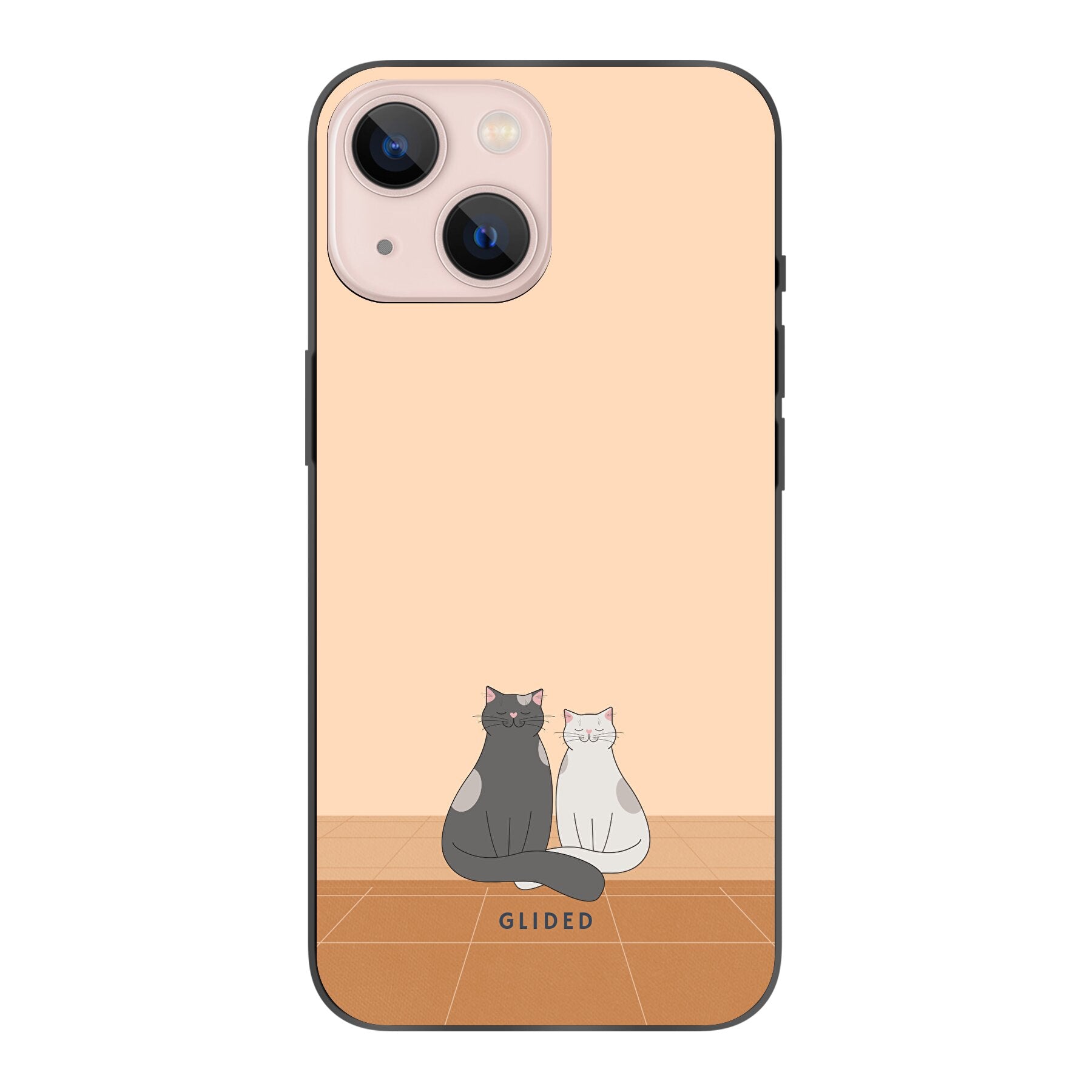 Catty Friends Handyhülle für iPhone 13 mini mit zwei süßen Katzenfreunden auf aprikosenfarbenem Hintergrund.