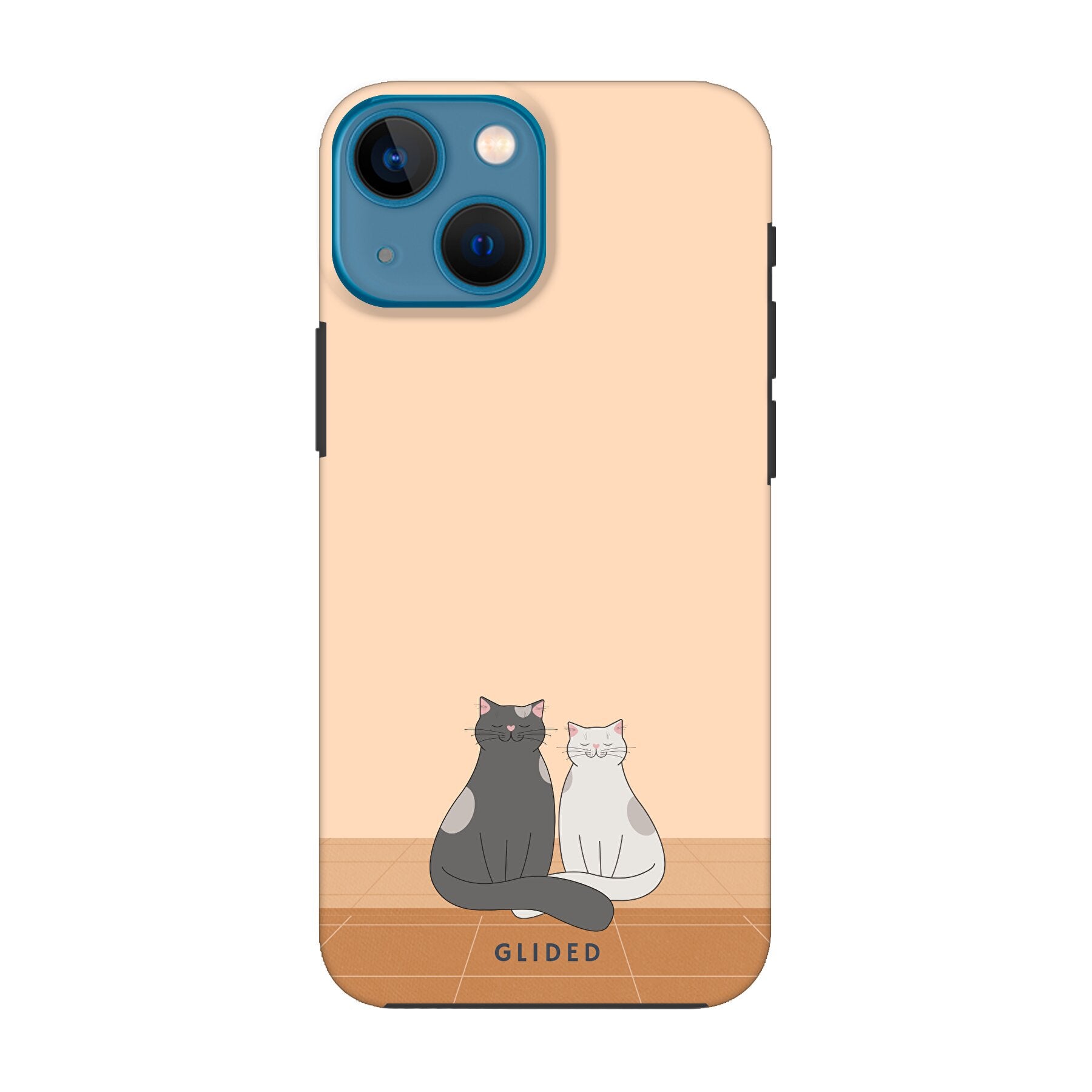 Catty Friends Handyhülle für iPhone 13 mini mit zwei süßen Katzenfreunden auf aprikosenfarbenem Hintergrund.