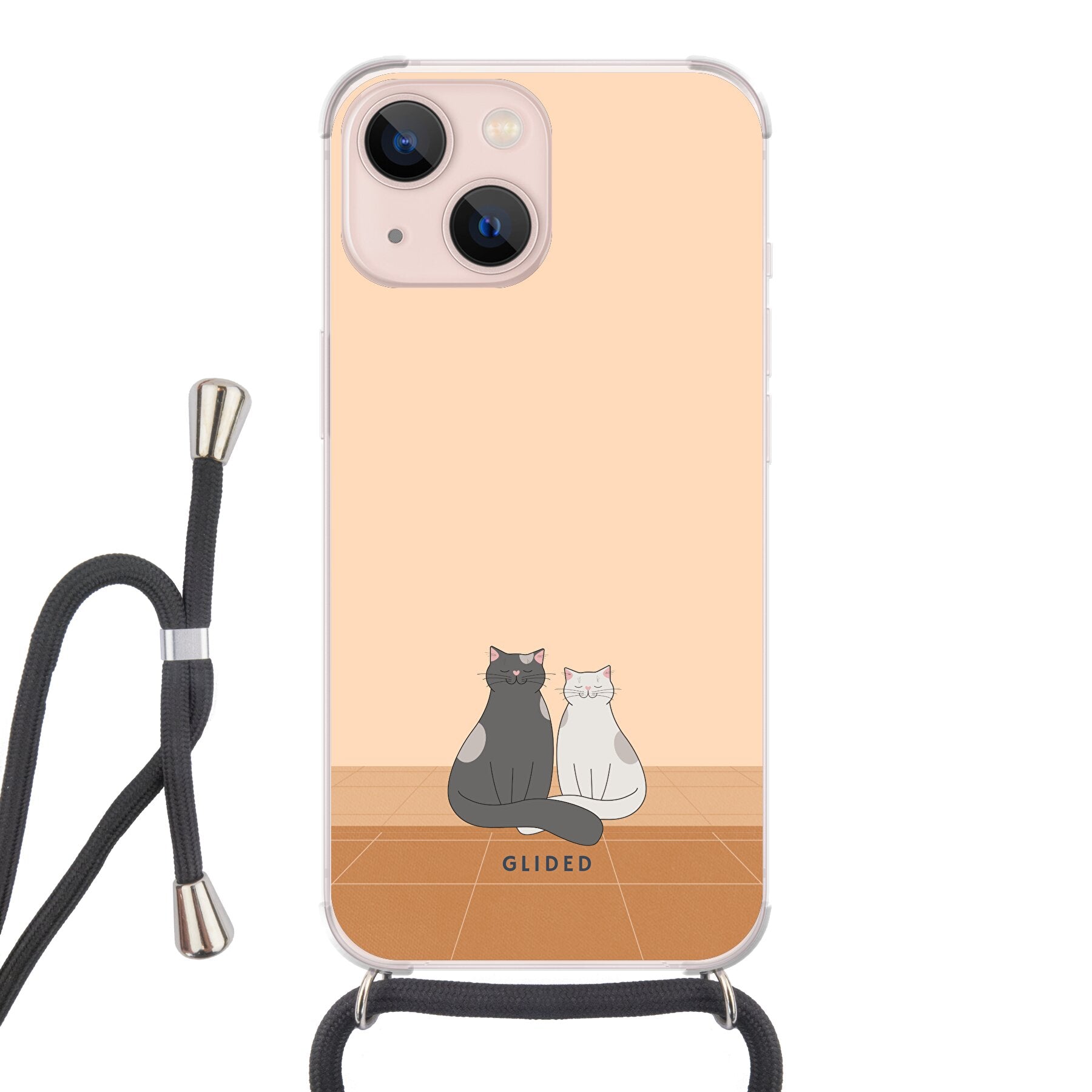 Catty Friends Handyhülle für iPhone 13 mini mit zwei süßen Katzenfreunden auf aprikosenfarbenem Hintergrund.