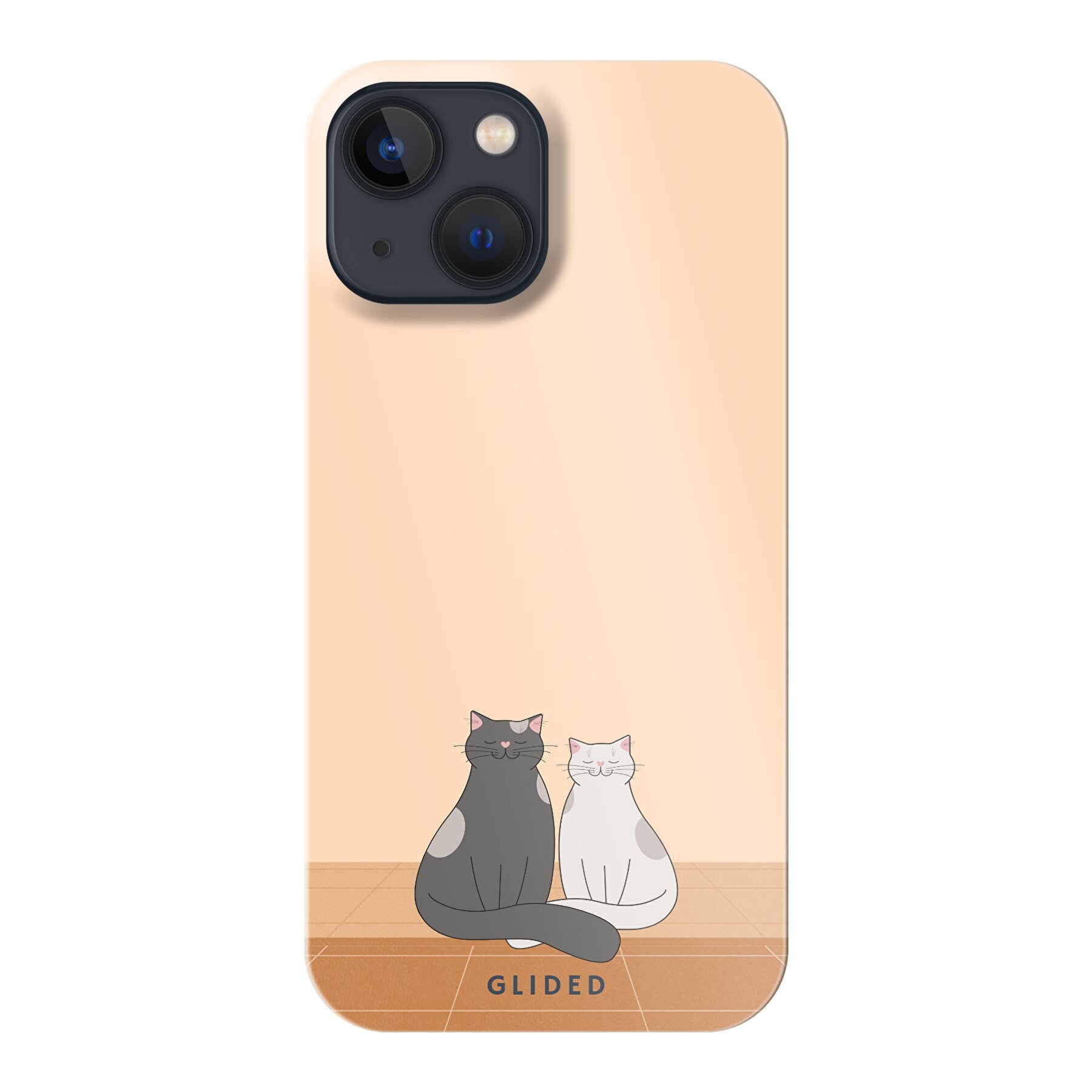 Catty Friends Handyhülle für iPhone 13 mini mit zwei süßen Katzenfreunden auf aprikosenfarbenem Hintergrund.