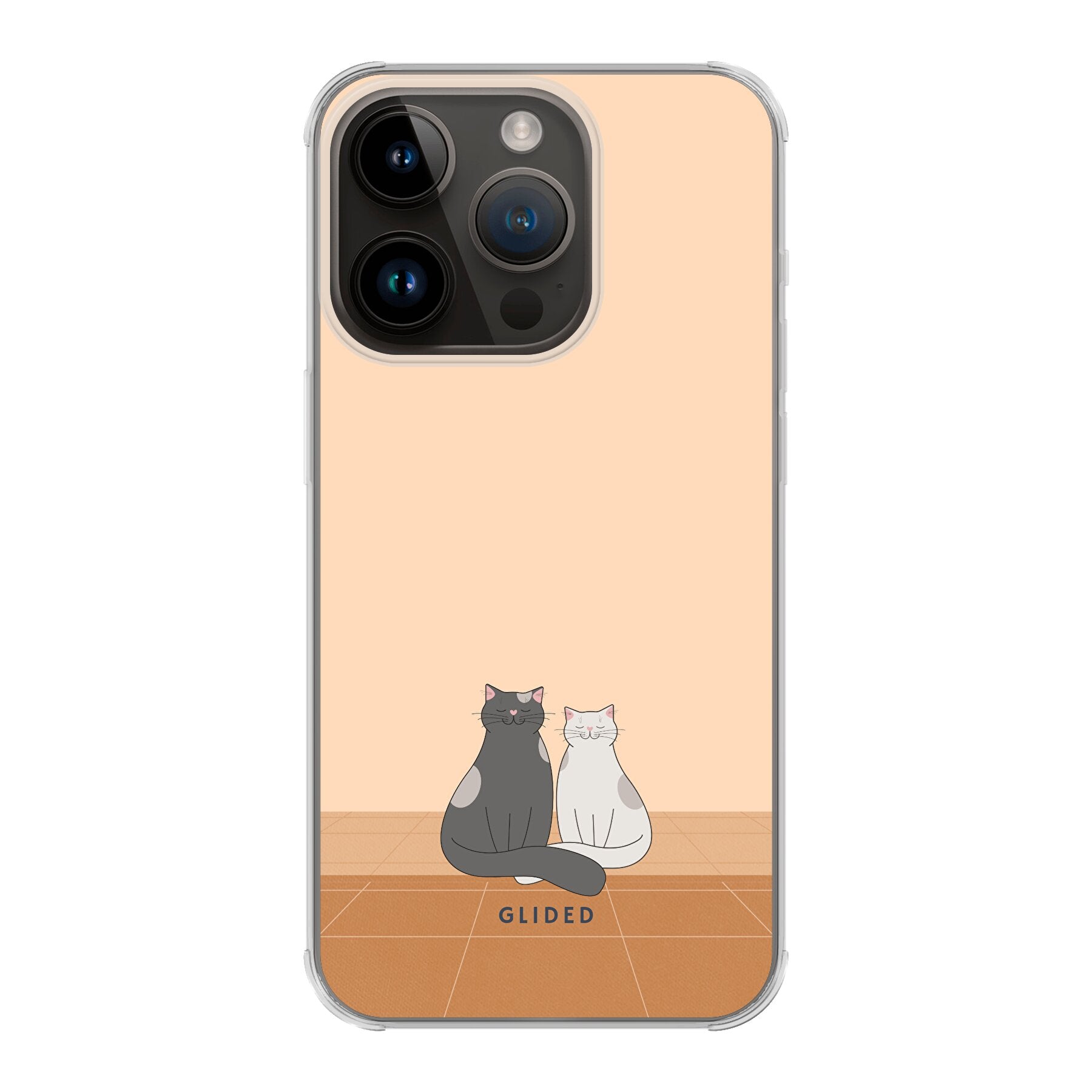 Catty Friends iPhone 14 Pro Handyhülle mit zwei süßen Katzenfreunden auf aprikosenfarbenem Hintergrund.
