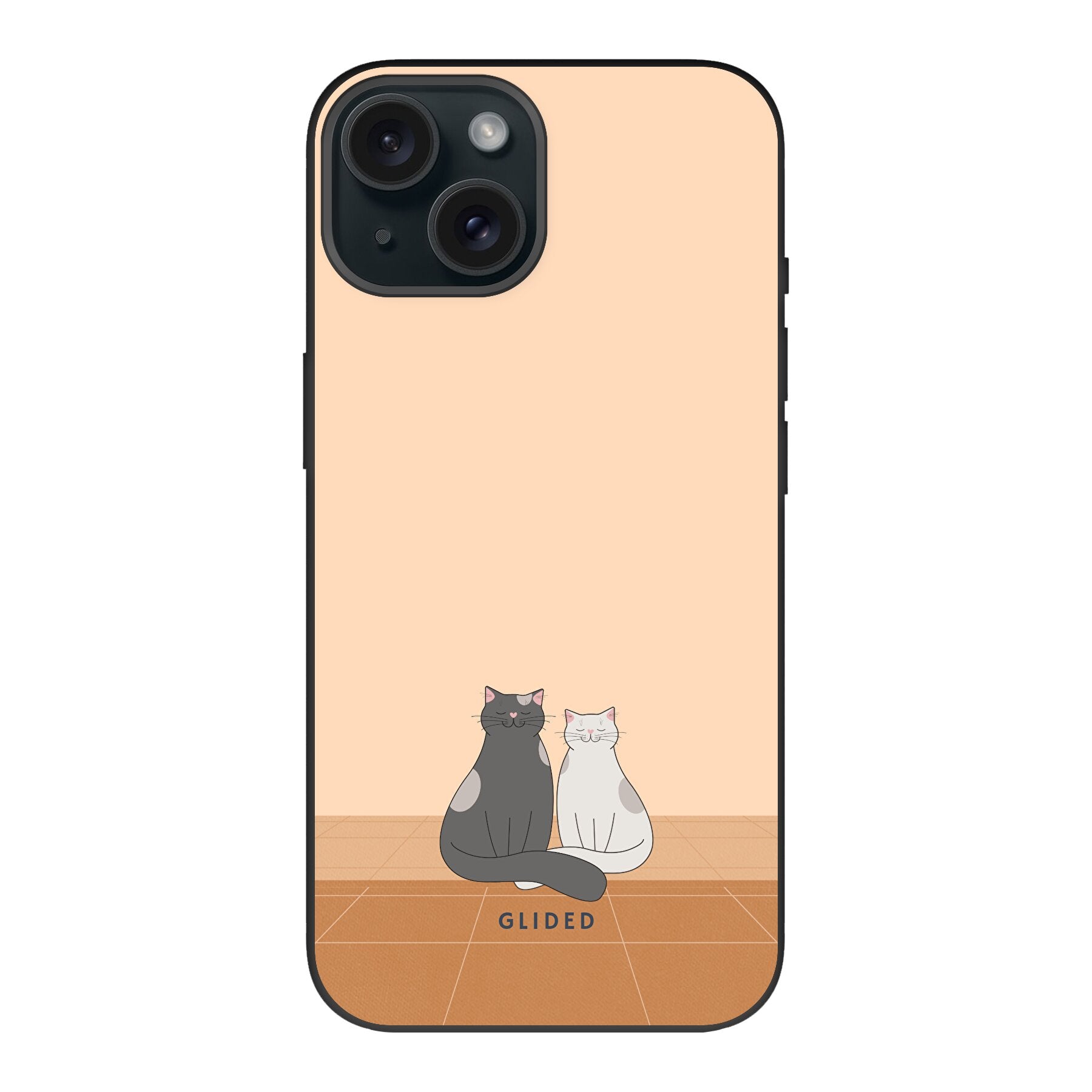 Catty Friends iPhone 15 Handyhülle mit zwei niedlichen Katzenfreunden auf aprikosenfarbenem Hintergrund, idealer Schutz und stilvolles Design.