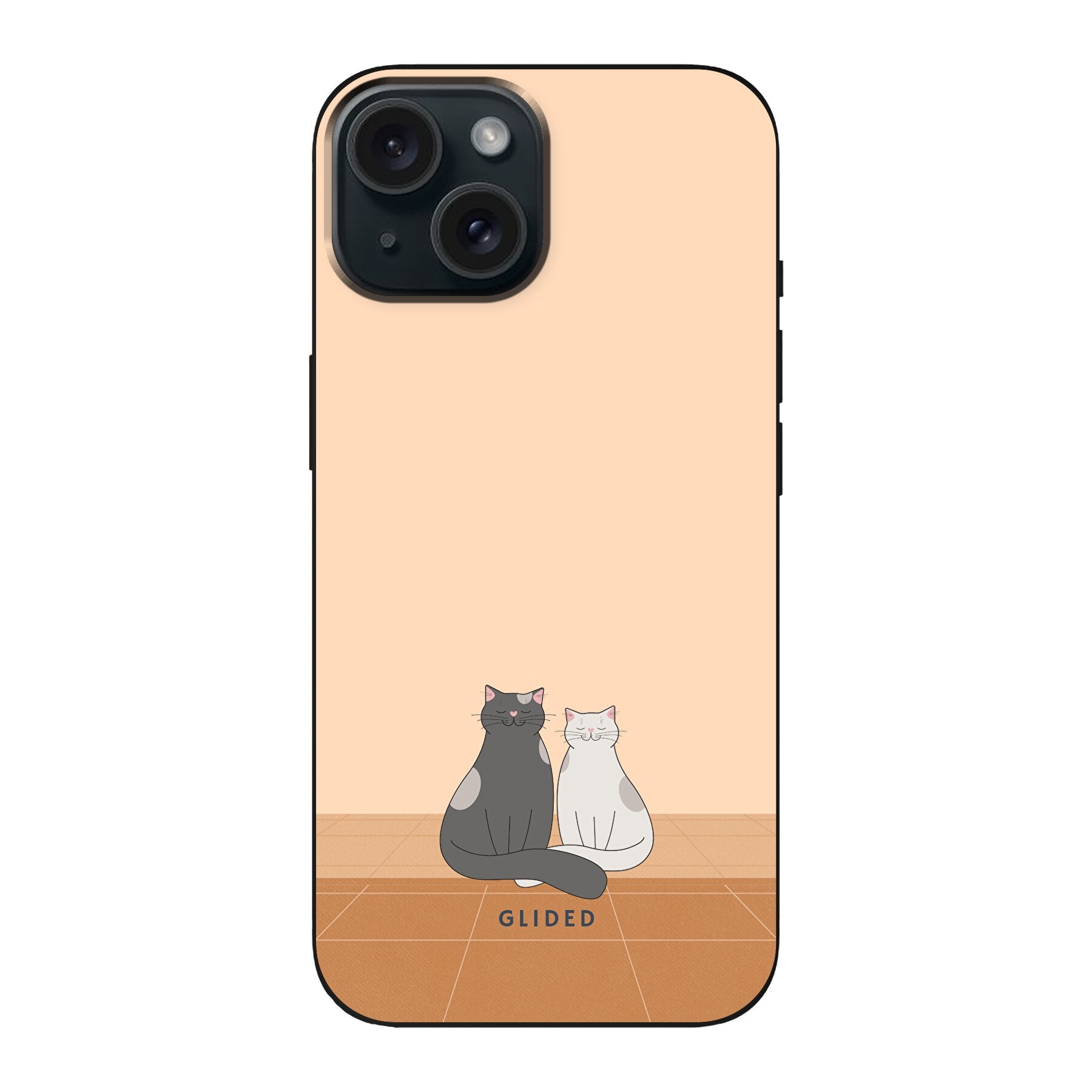 Catty Friends iPhone 15 Handyhülle mit zwei niedlichen Katzenfreunden auf aprikosenfarbenem Hintergrund, idealer Schutz und stilvolles Design.