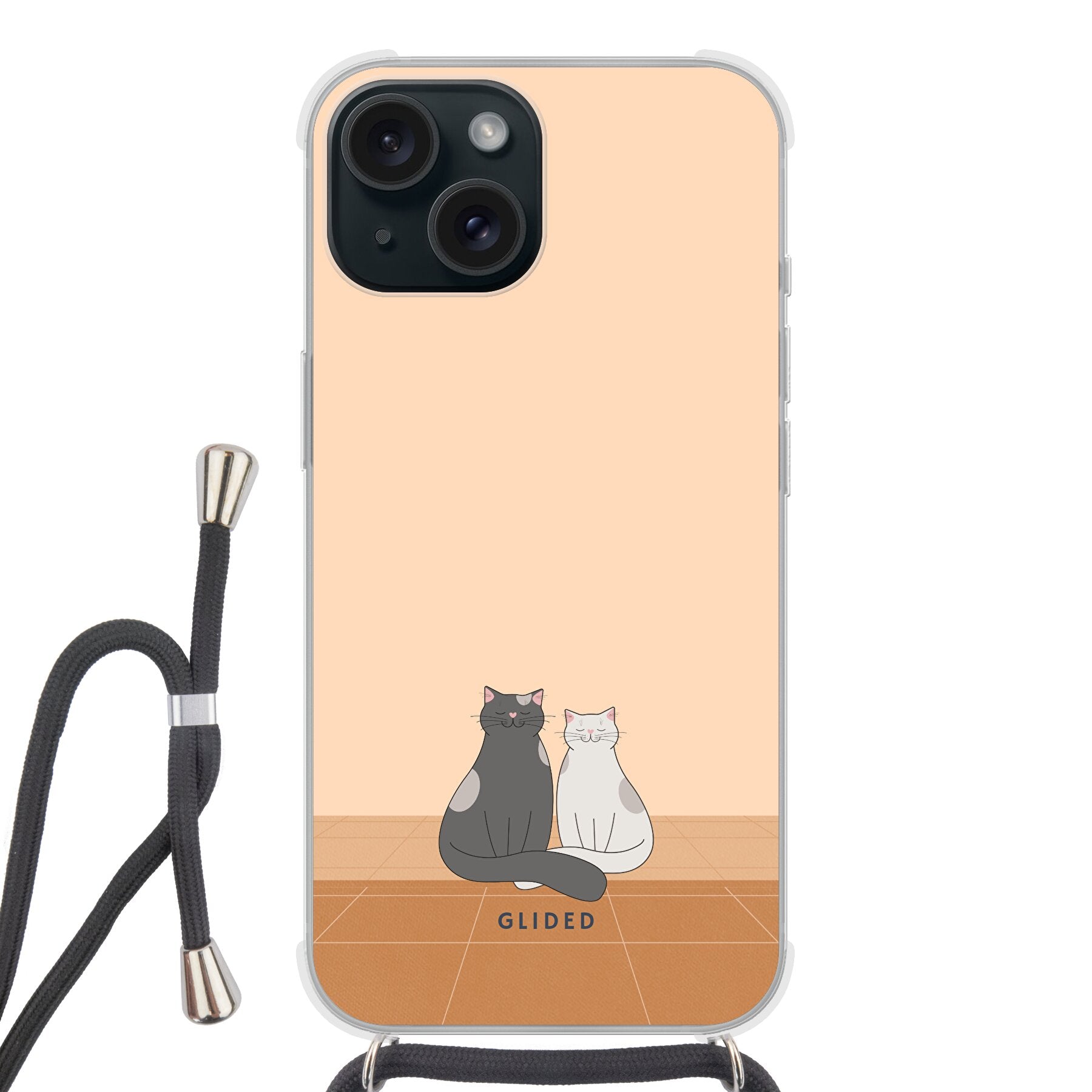 Catty Friends iPhone 15 Handyhülle mit zwei niedlichen Katzenfreunden auf aprikosenfarbenem Hintergrund, idealer Schutz und stilvolles Design.