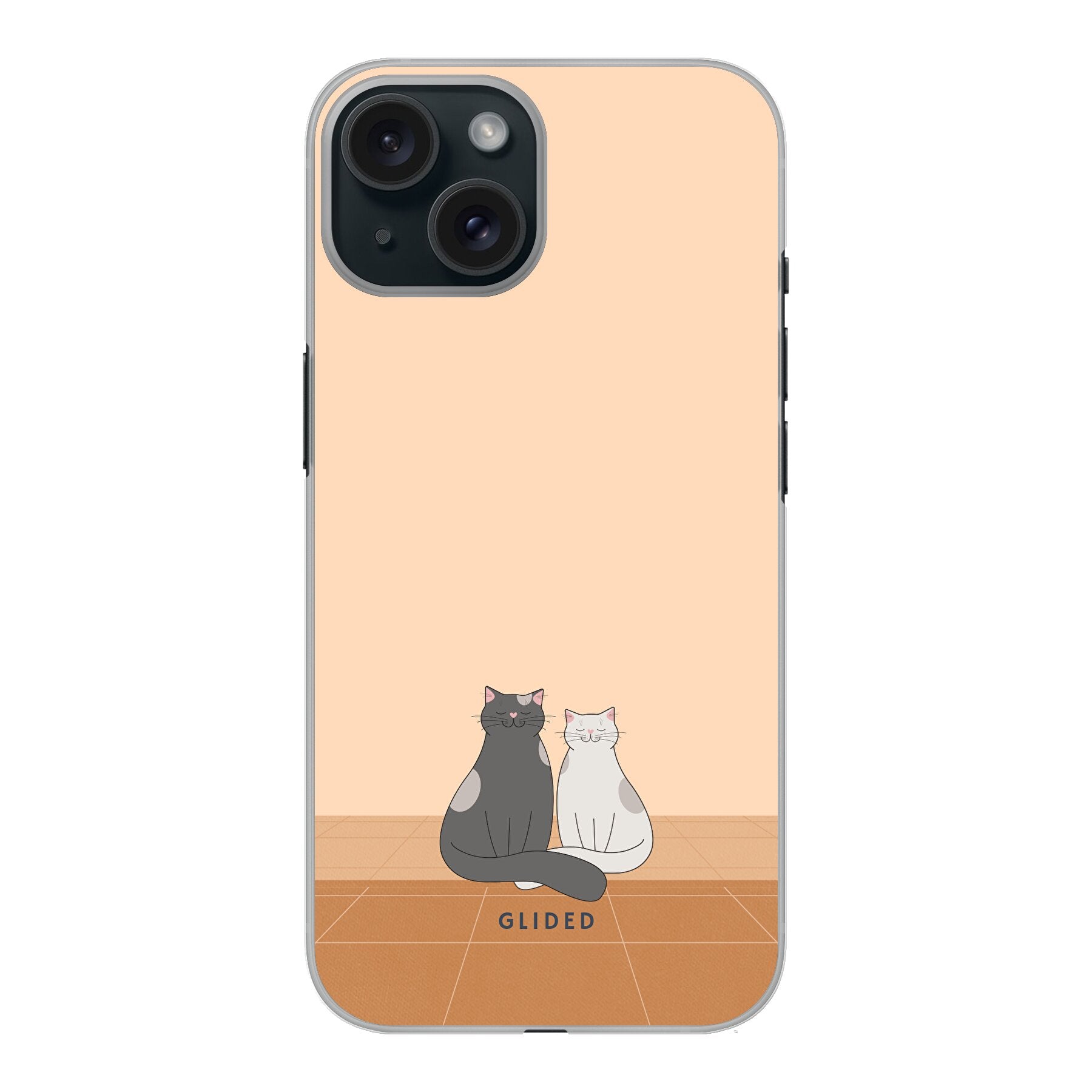 Catty Friends iPhone 15 Handyhülle mit zwei niedlichen Katzenfreunden auf aprikosenfarbenem Hintergrund, idealer Schutz und stilvolles Design.