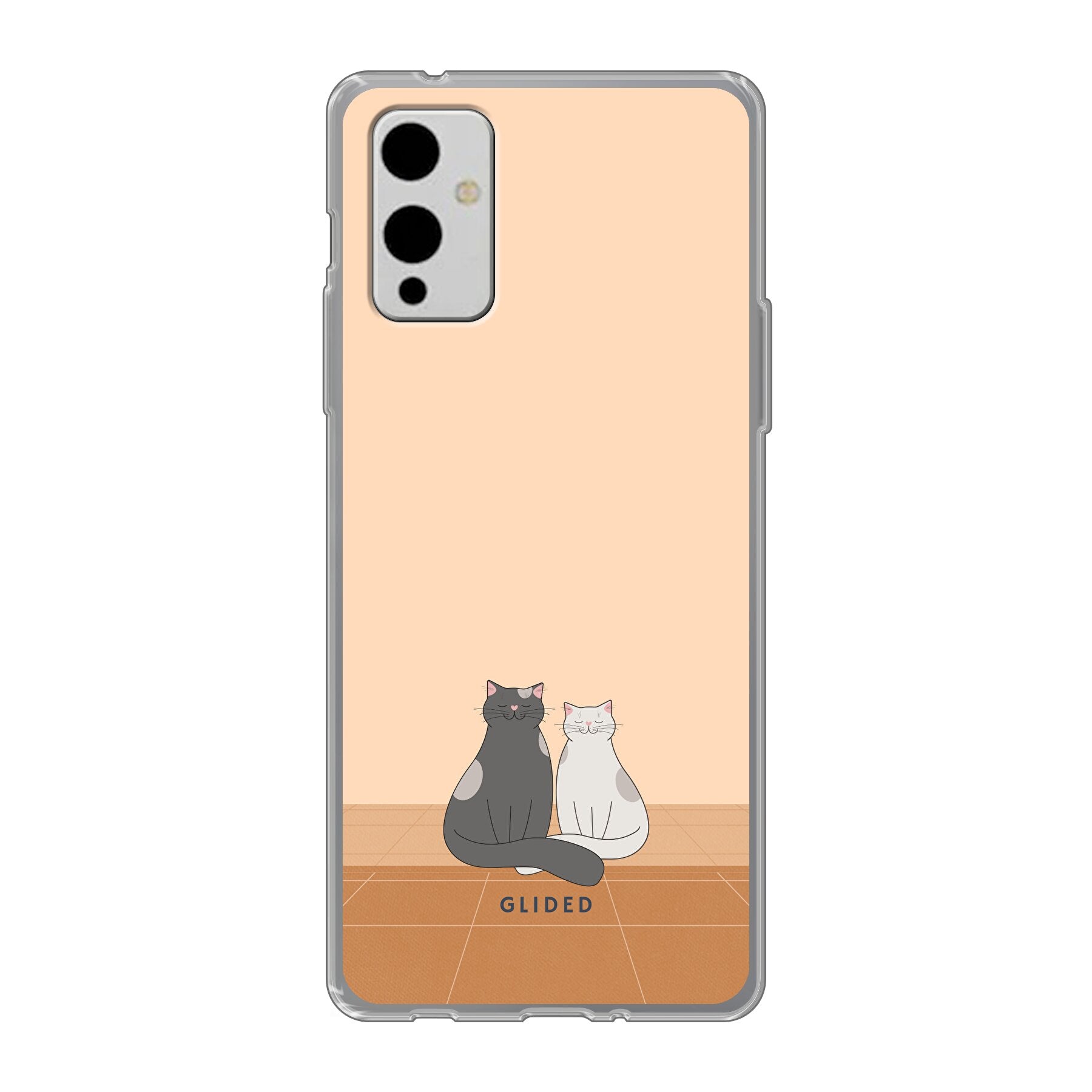 Catty Friends Handyhülle für OnePlus 9 mit zwei Katzenfreunden auf aprikosenfarbenem Hintergrund, bietet stilvollen Schutz.