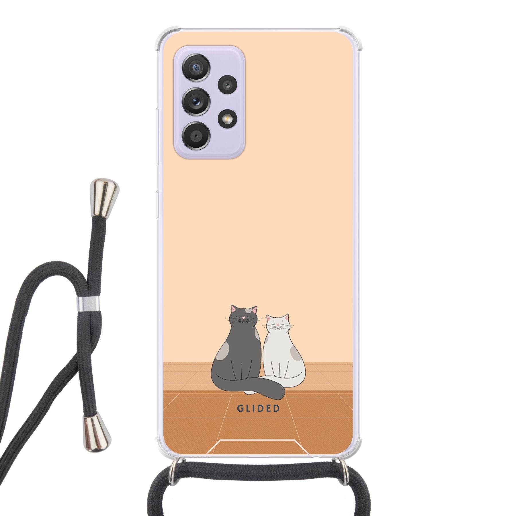 Catty Friends Handyhülle für Samsung Galaxy A52 mit zwei süßen Katzenfreunden auf aprikosenfarbenem Hintergrund.