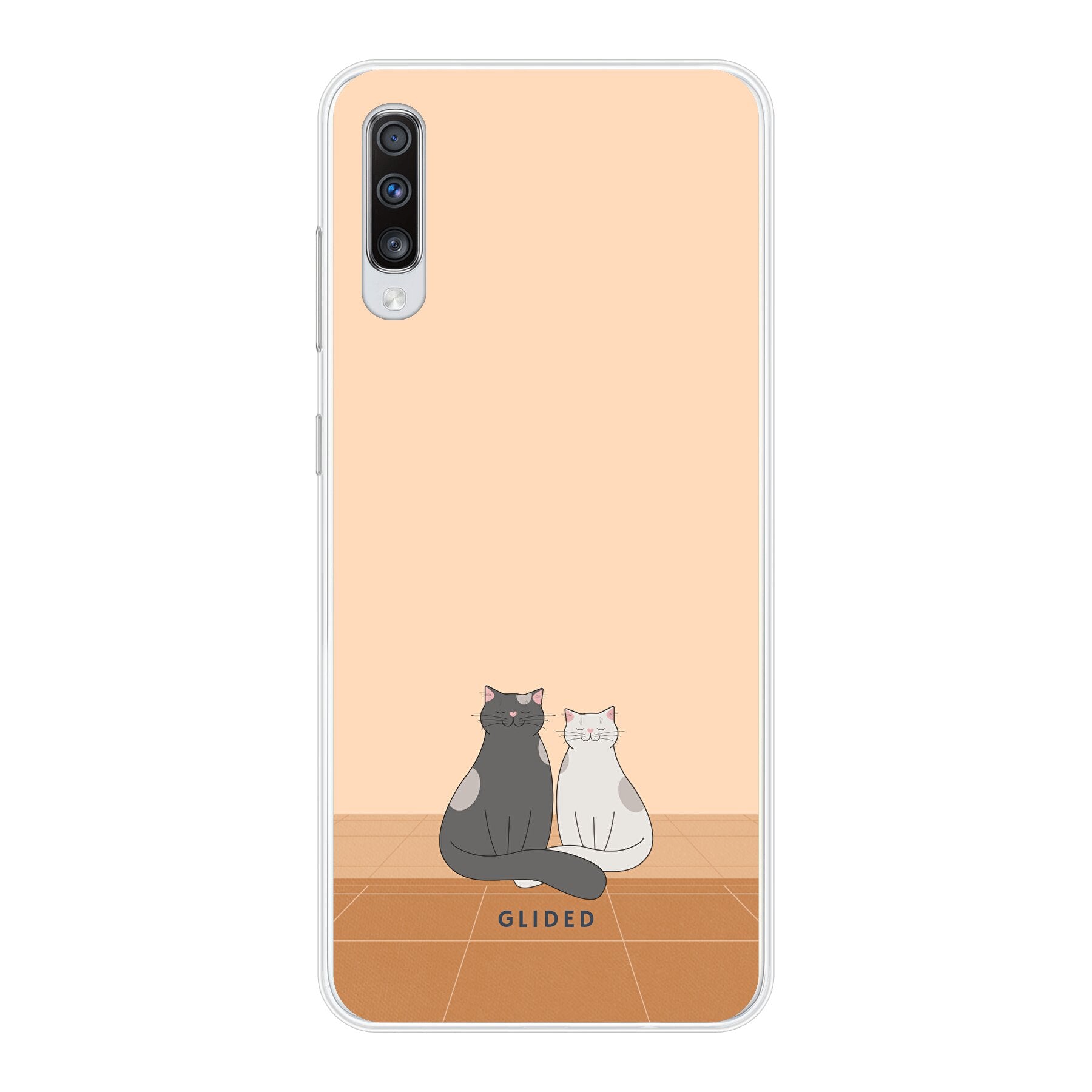 Catty Friends Handyhülle für Samsung Galaxy A70 mit zwei süßen Katzenfreunden auf aprikosenfarbenem Hintergrund.