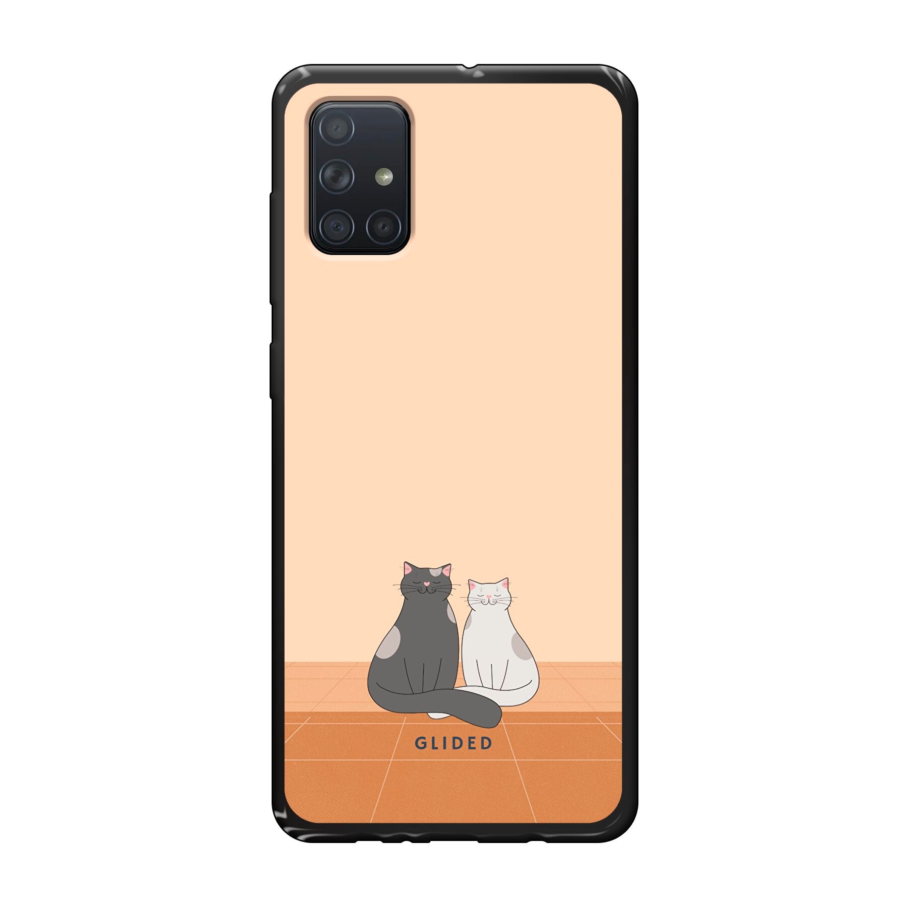 Catty Friends Handyhülle für Samsung Galaxy A71 mit zwei süßen Katzenfreunden auf aprikosenfarbenem Hintergrund.