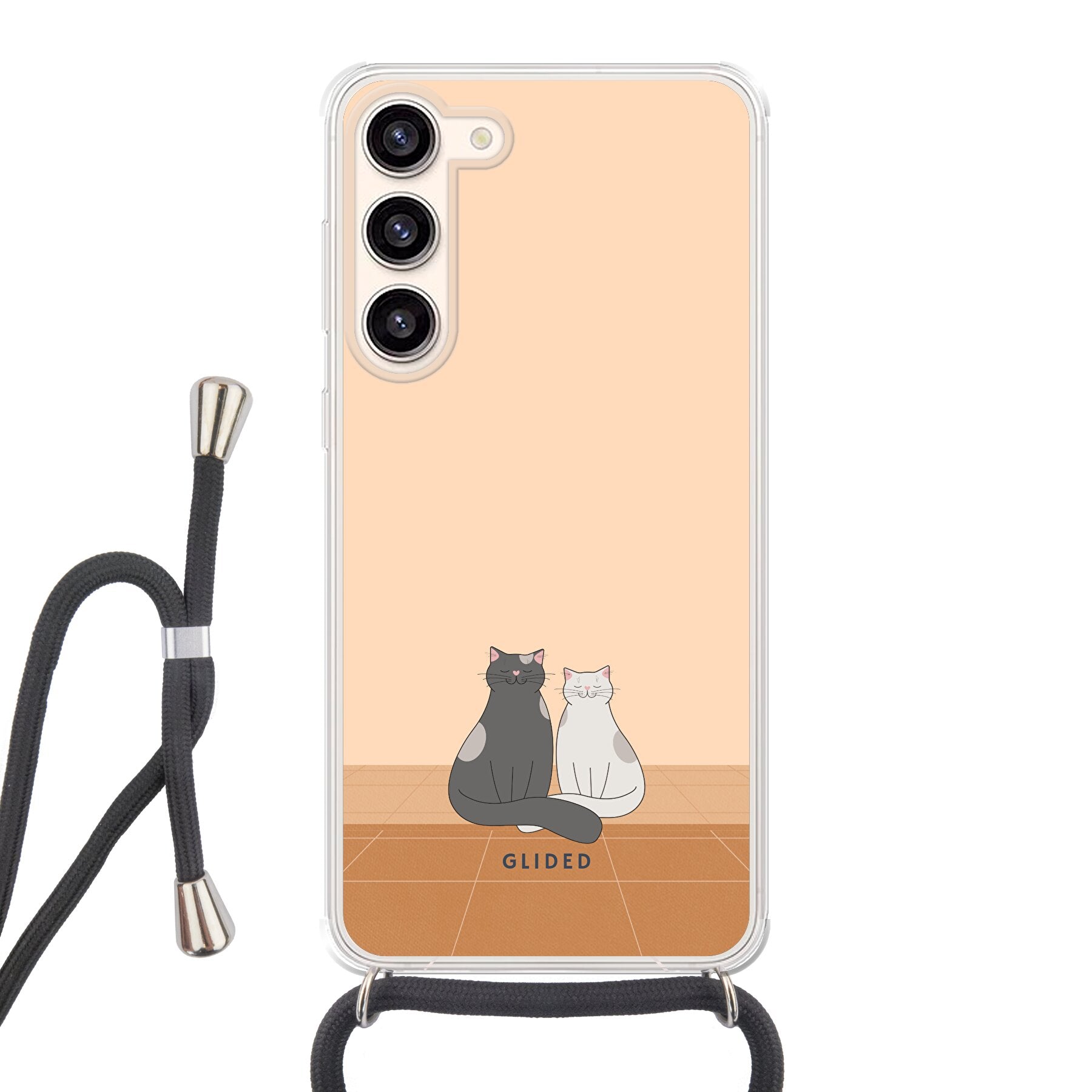 Catty Friends Handyhülle für Samsung Galaxy S23 Plus mit zwei süßen Katzenfreunden auf aprikosenfarbenem Hintergrund.