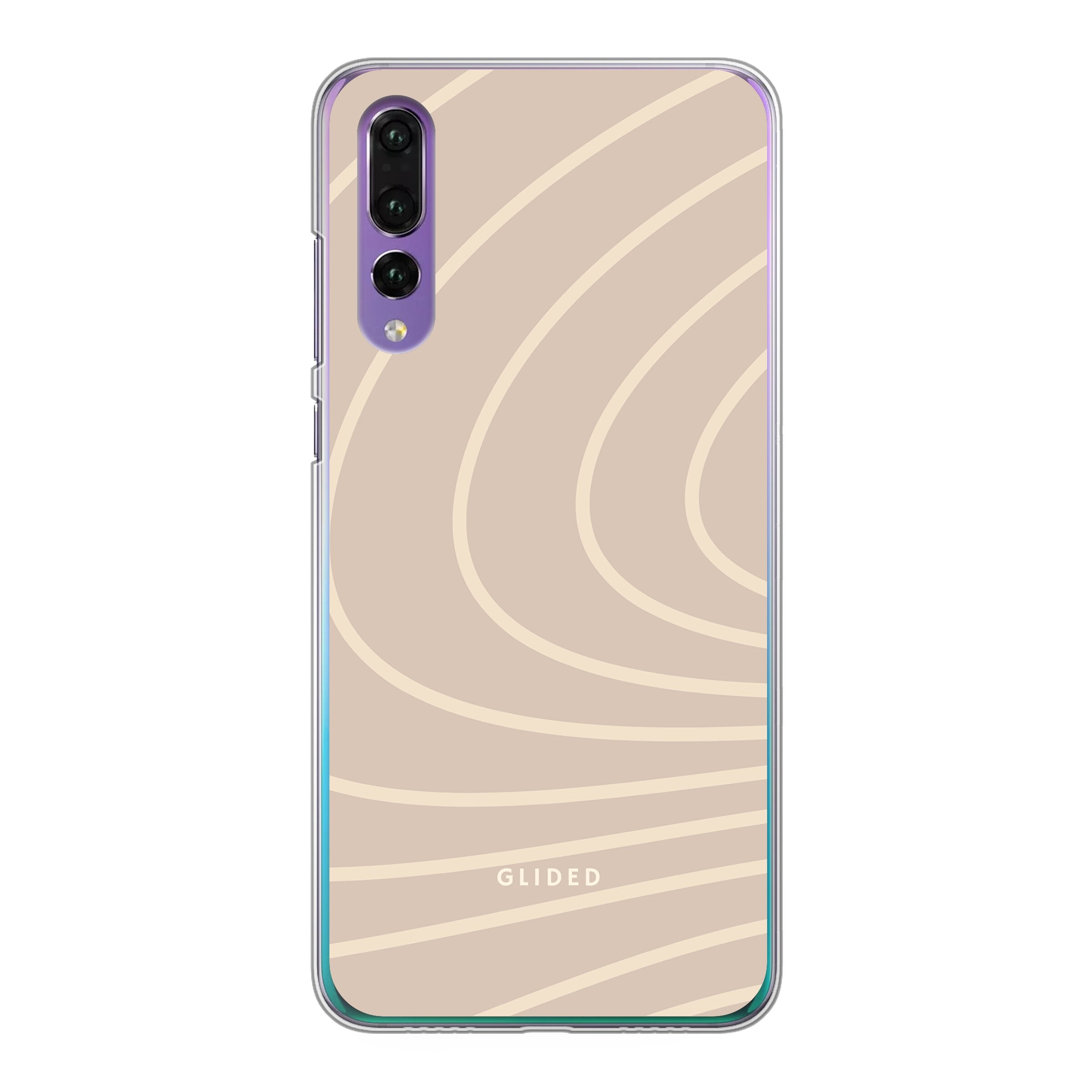 Celestia Handyhülle für Huawei P30 mit ästhetischen Linien auf beigem Hintergrund, bietet stilvollen Schutz und elegantes Design.