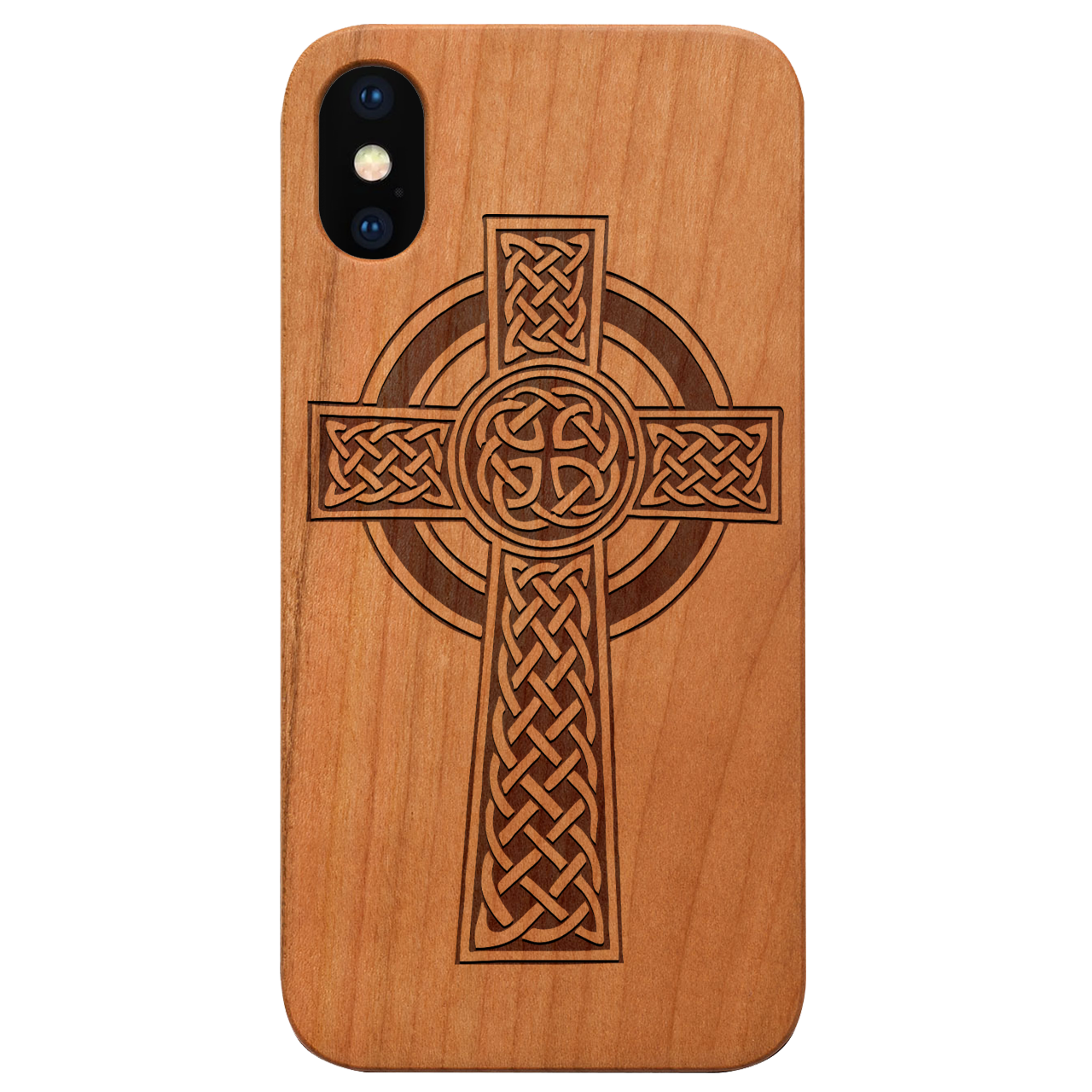 Celtic Cross engraved wooden phone case showcasing intricate design and natural wood finish.