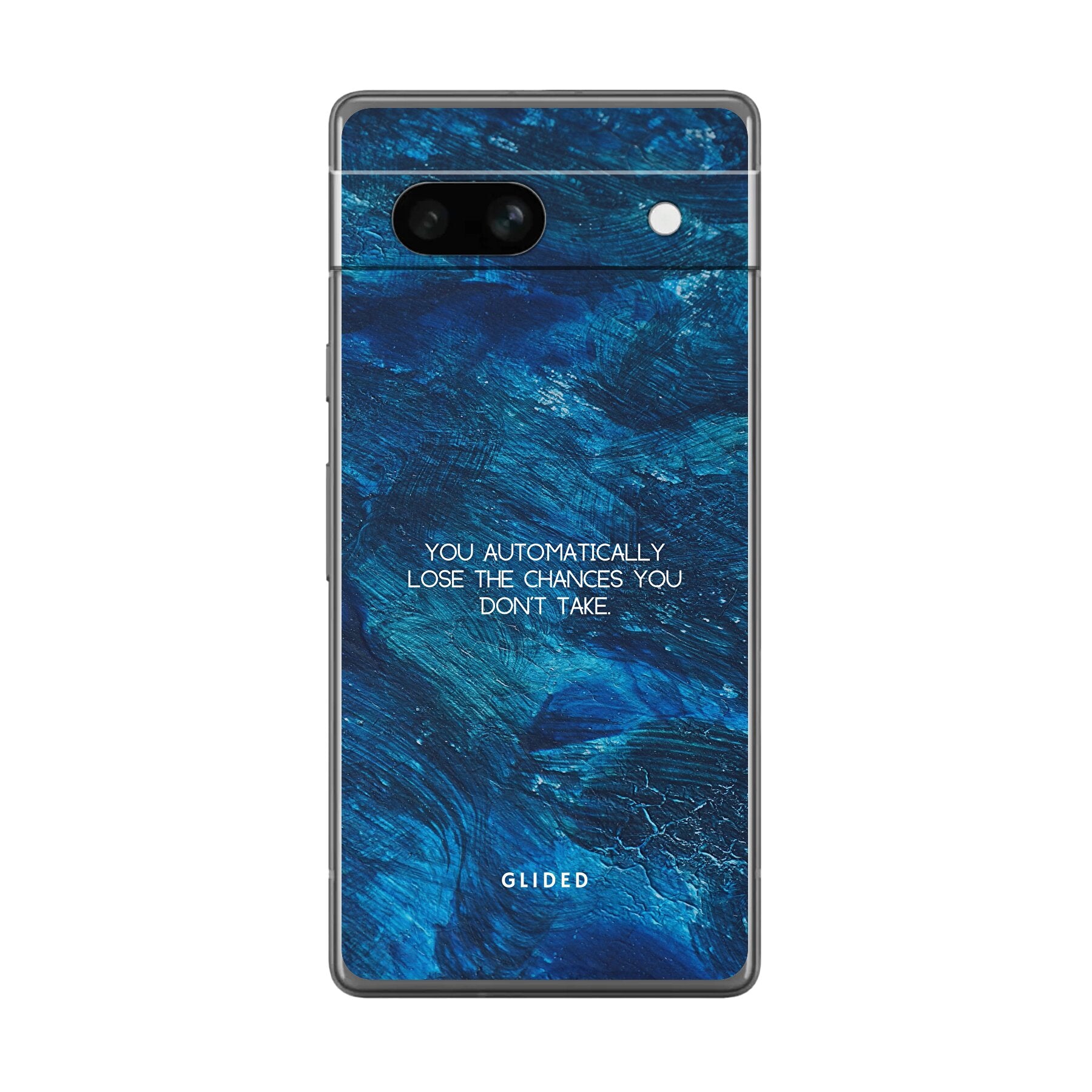 Chances Handyhülle für Google Pixel 7a mit inspirierendem Spruch auf dunkelblauem Hintergrund, bietet Schutz und Stil.