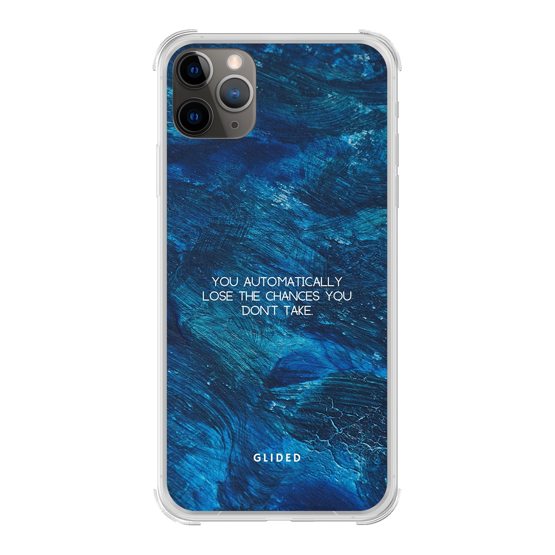 Chances Handyhülle für iPhone 11 Pro mit inspirierendem Spruch auf dunkelblauem Hintergrund, bietet Schutz und Stil.