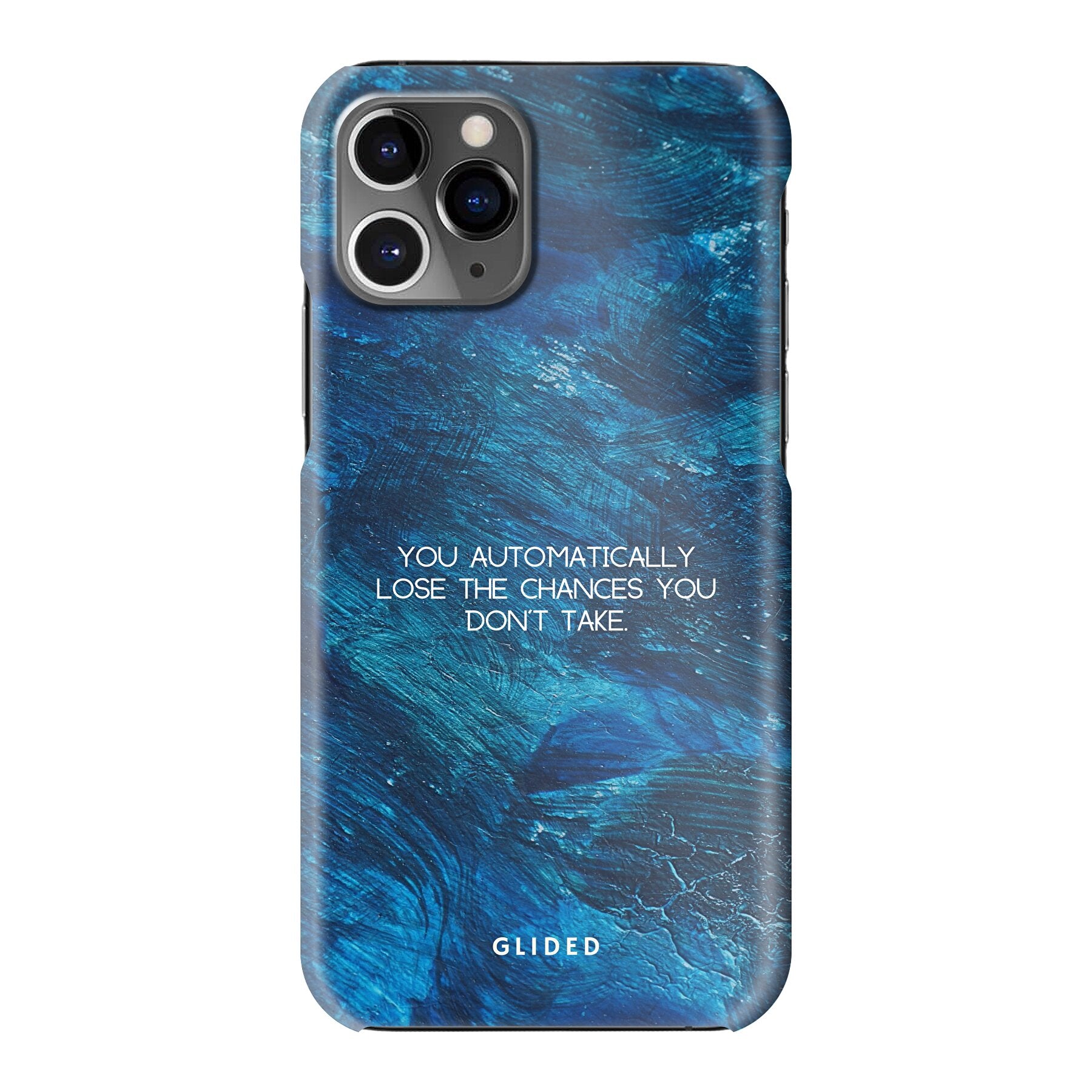 Chances Handyhülle für iPhone 11 Pro mit inspirierendem Spruch auf dunkelblauem Hintergrund, bietet Schutz und Stil.
