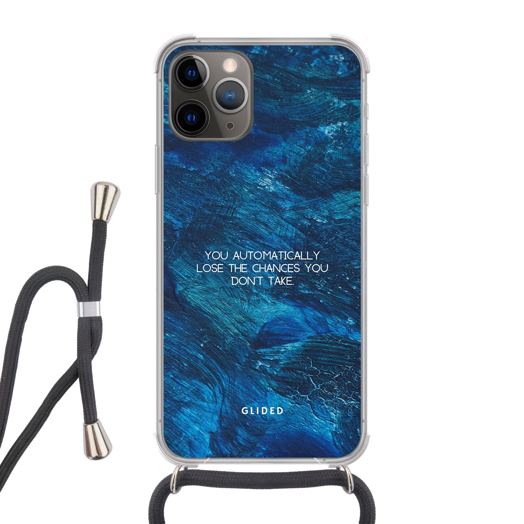 Chances Handyhülle für iPhone 11 Pro mit inspirierendem Spruch auf dunkelblauem Hintergrund, bietet Schutz und Stil.