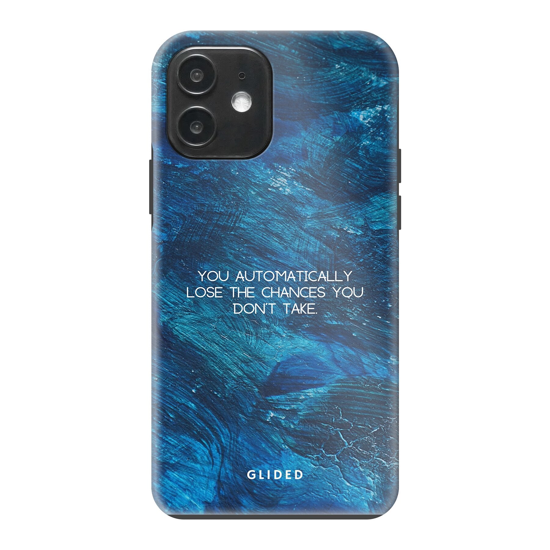 Chances iPhone 12 Pro Handyhülle mit inspirierendem Spruch auf dunkelblauem Hintergrund, bietet Schutz und Motivation.