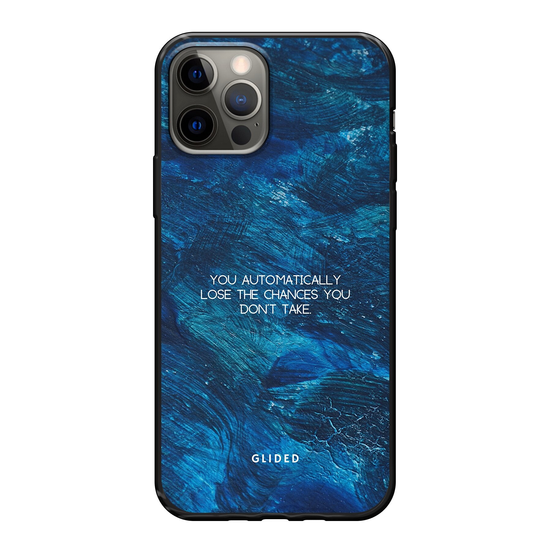 Chances iPhone 12 Pro Handyhülle mit inspirierendem Spruch auf dunkelblauem Hintergrund, bietet Schutz und Motivation.