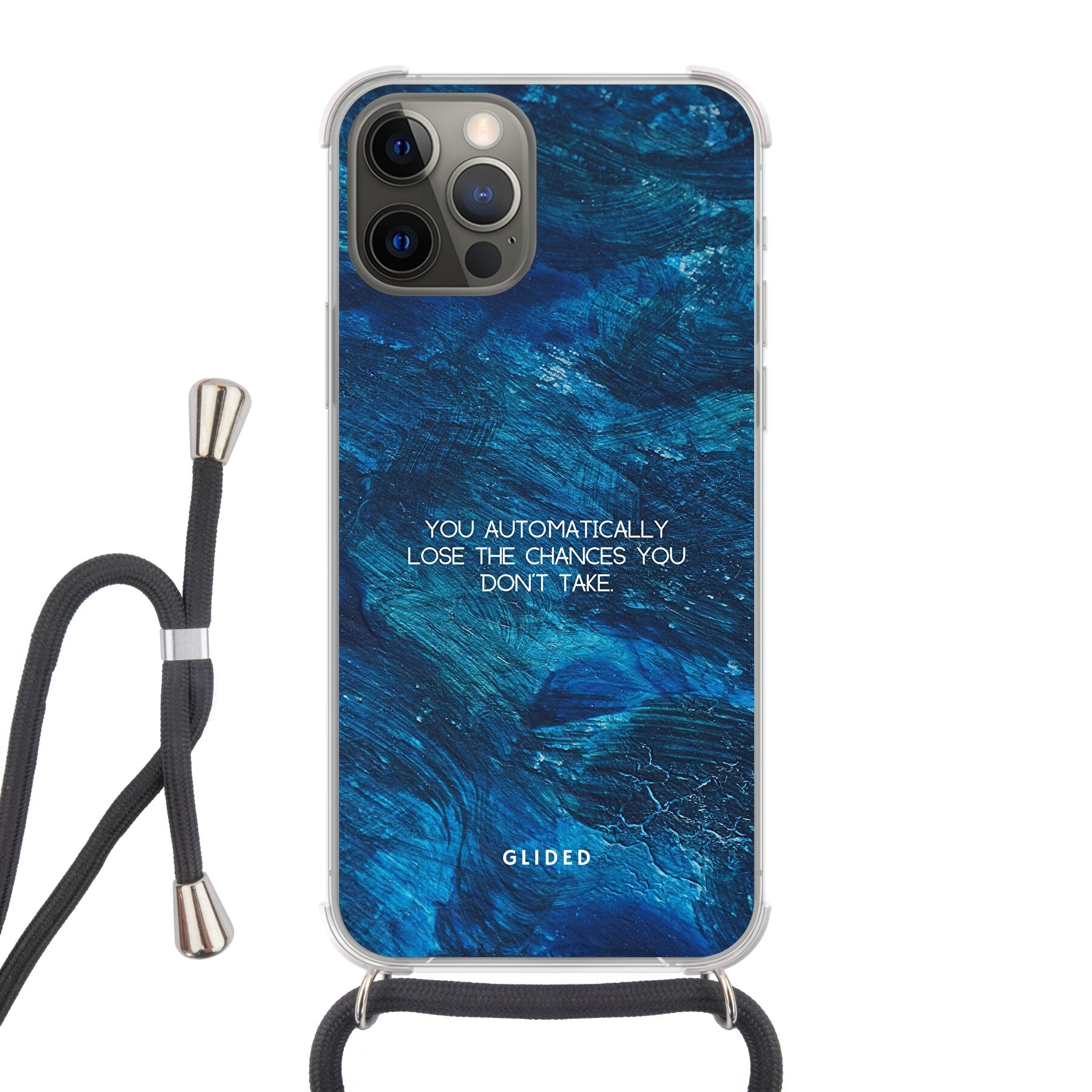 Chances iPhone 12 Pro Handyhülle mit inspirierendem Spruch auf dunkelblauem Hintergrund, bietet Schutz und Motivation.