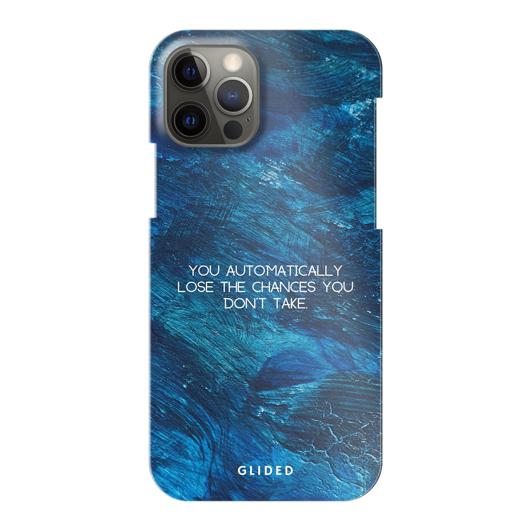 Chances iPhone 12 Pro Handyhülle mit inspirierendem Spruch auf dunkelblauem Hintergrund, bietet Schutz und Motivation.