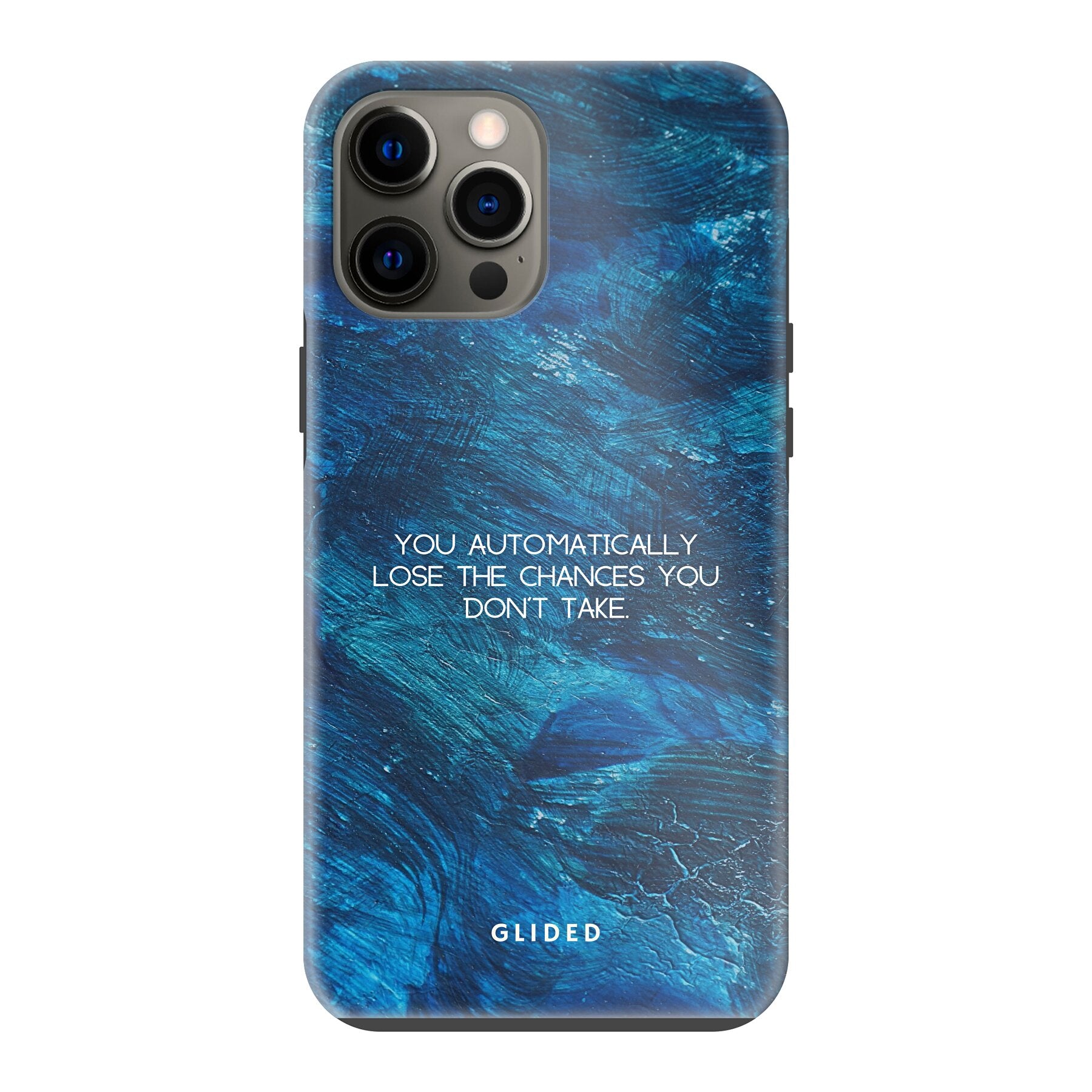 Chances Handyhülle für iPhone 12 Pro Max mit inspirierendem Spruch auf dunkelblauem Hintergrund, bietet Schutz und Stil.
