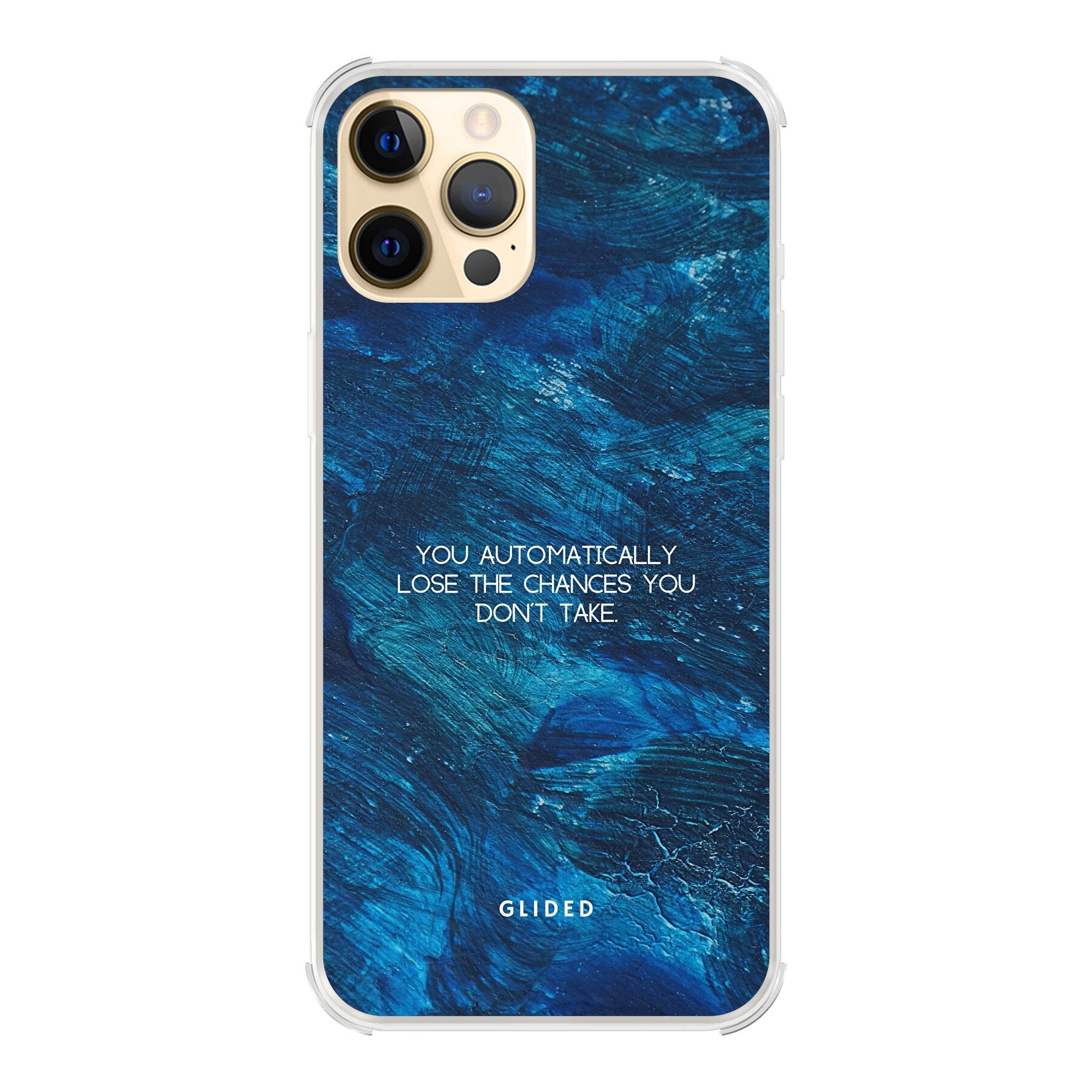 Chances Handyhülle für iPhone 12 Pro Max mit inspirierendem Spruch auf dunkelblauem Hintergrund, bietet Schutz und Stil.
