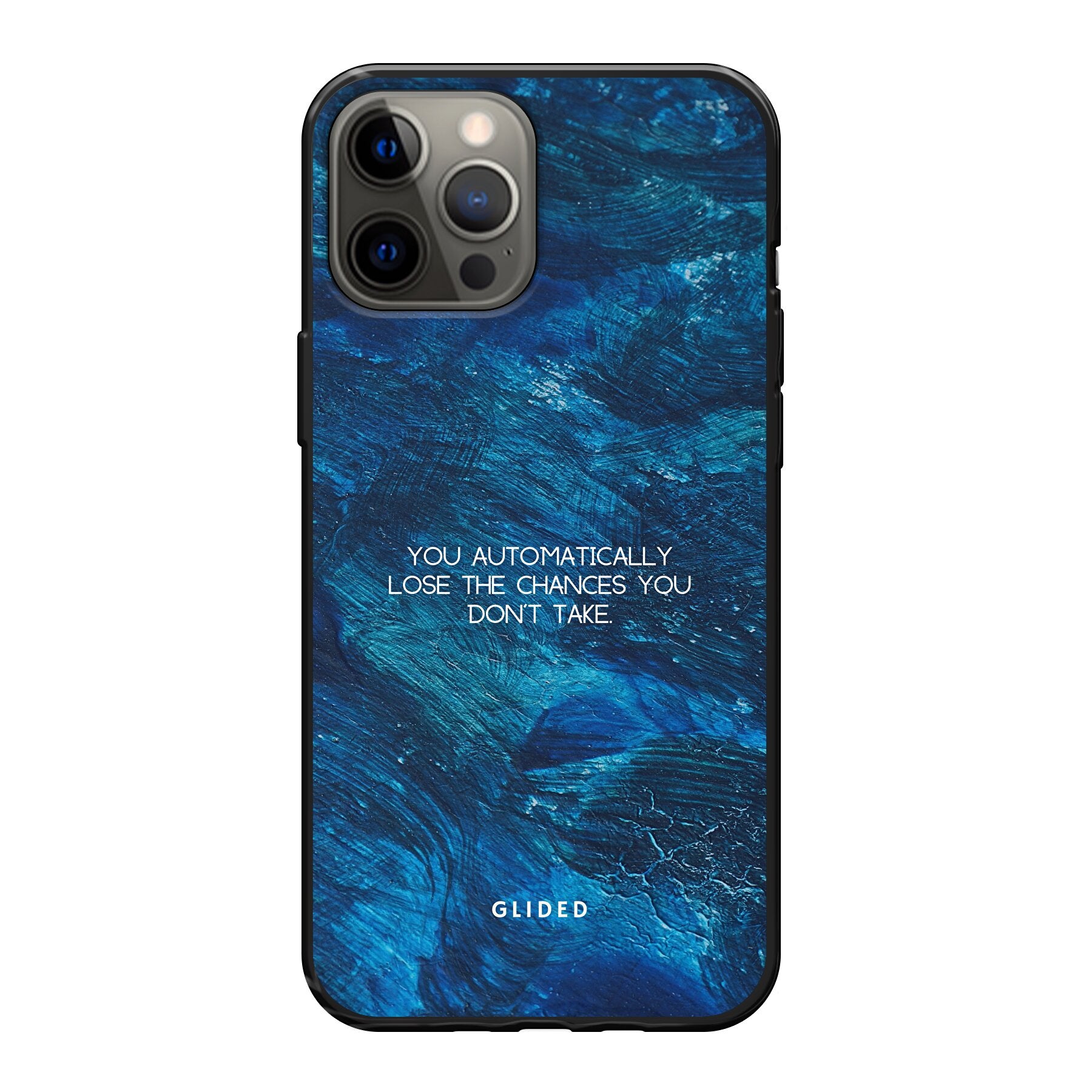 Chances Handyhülle für iPhone 12 Pro Max mit inspirierendem Spruch auf dunkelblauem Hintergrund, bietet Schutz und Stil.