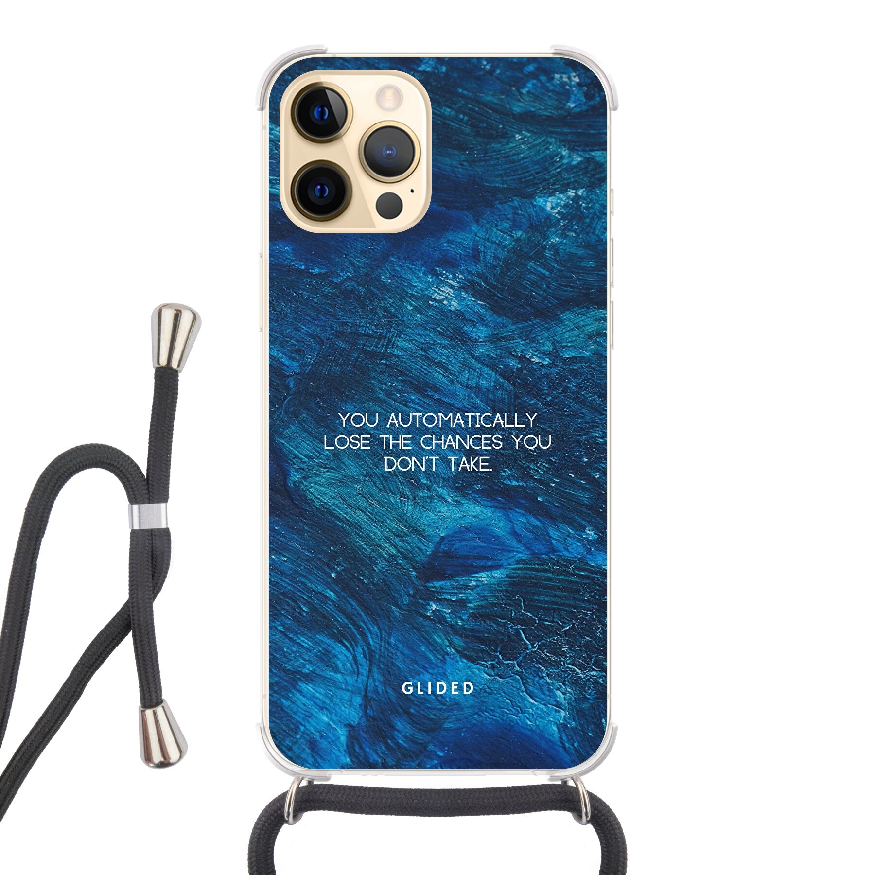 Chances Handyhülle für iPhone 12 Pro Max mit inspirierendem Spruch auf dunkelblauem Hintergrund, bietet Schutz und Stil.