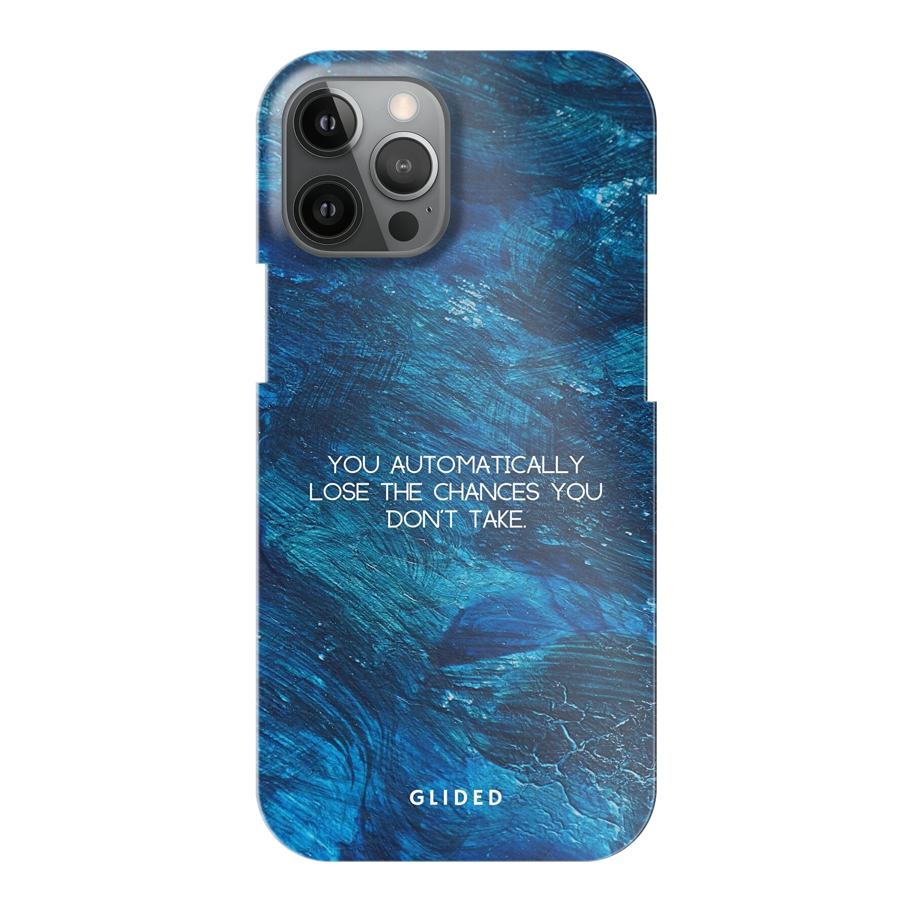 Chances Handyhülle für iPhone 12 Pro Max mit inspirierendem Spruch auf dunkelblauem Hintergrund, bietet Schutz und Stil.