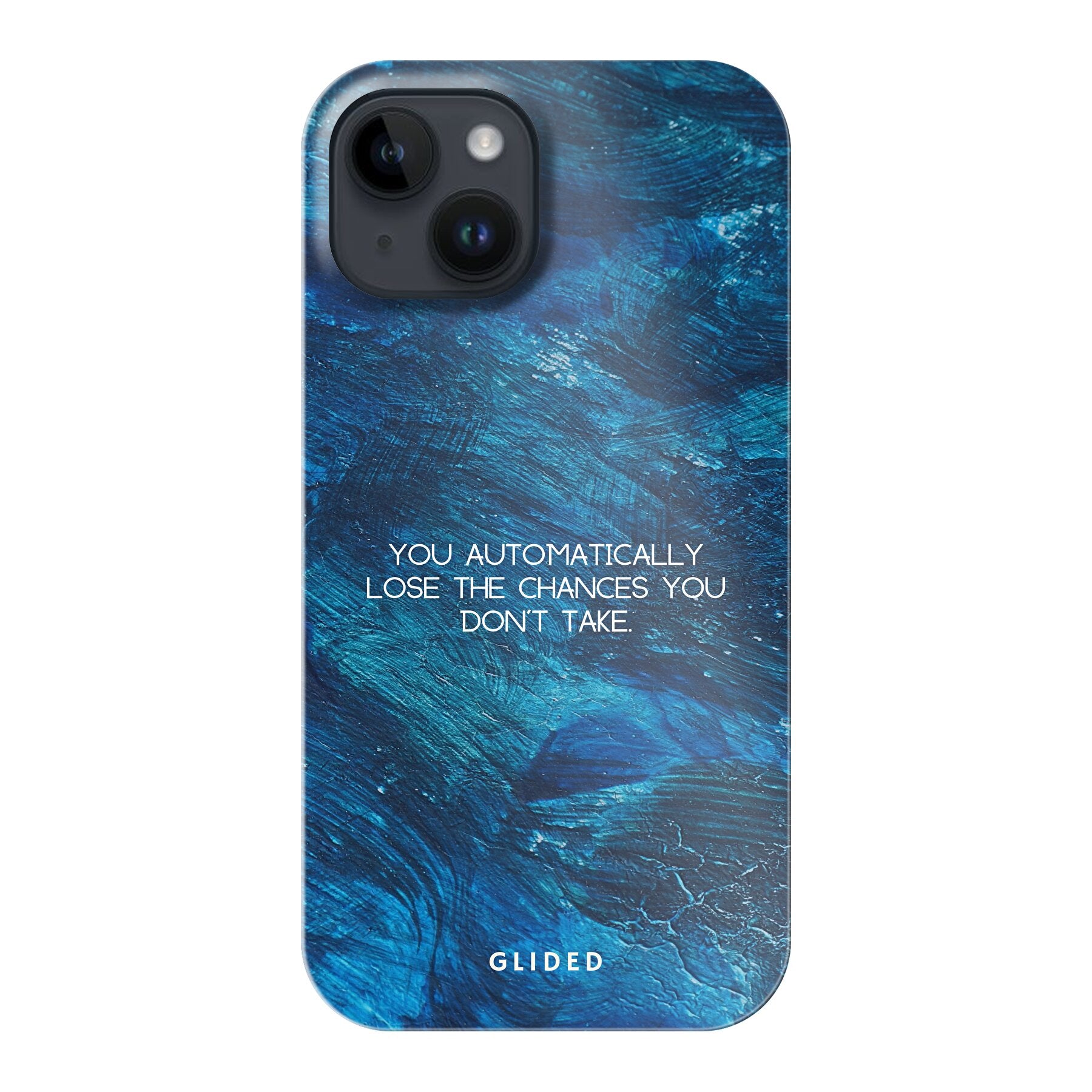 Chances iPhone 14 Handyhülle mit inspirierendem Spruch auf dunkelblauem Hintergrund, bietet Schutz und Stil.