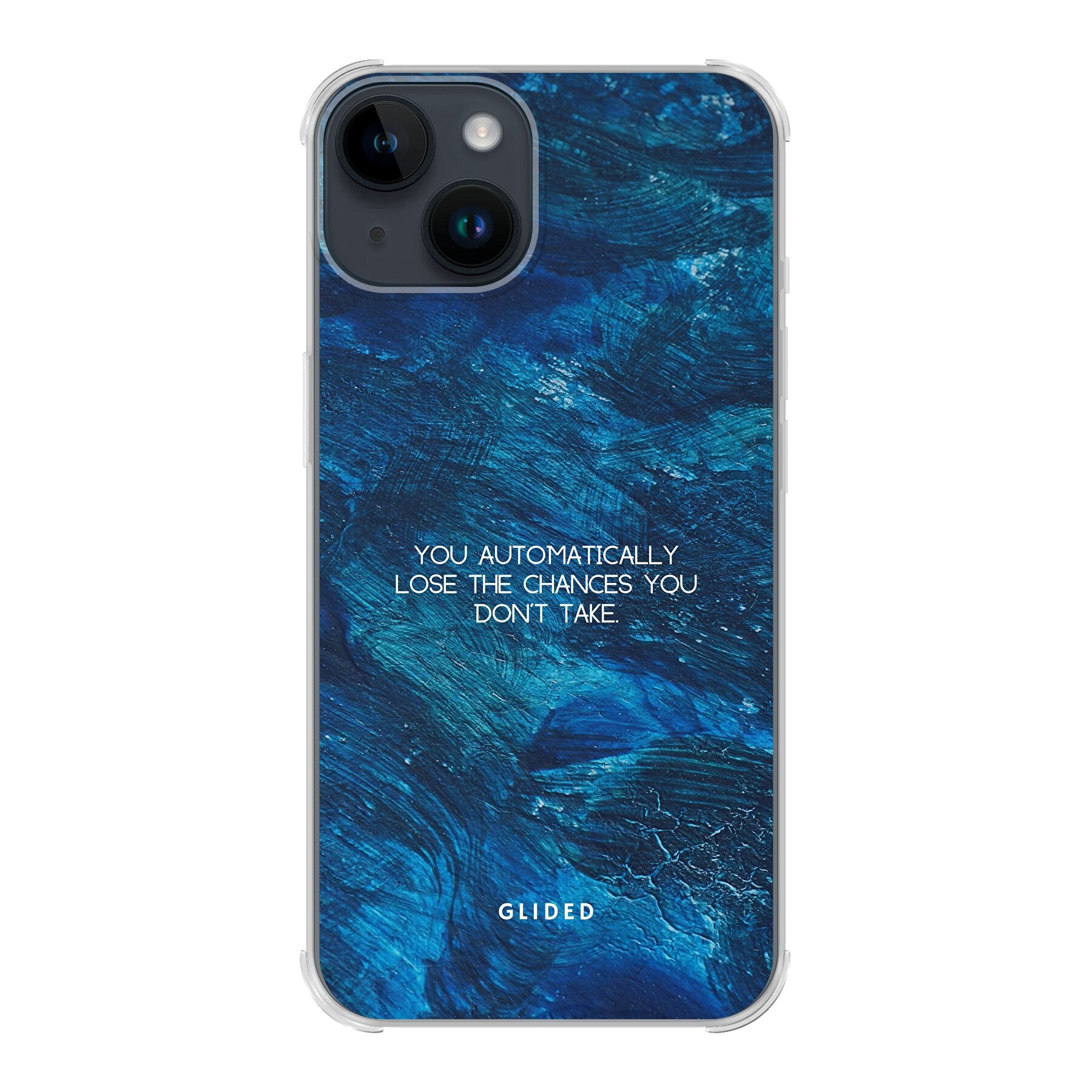 Chances iPhone 14 Handyhülle mit inspirierendem Spruch auf dunkelblauem Hintergrund, bietet Schutz und Stil.