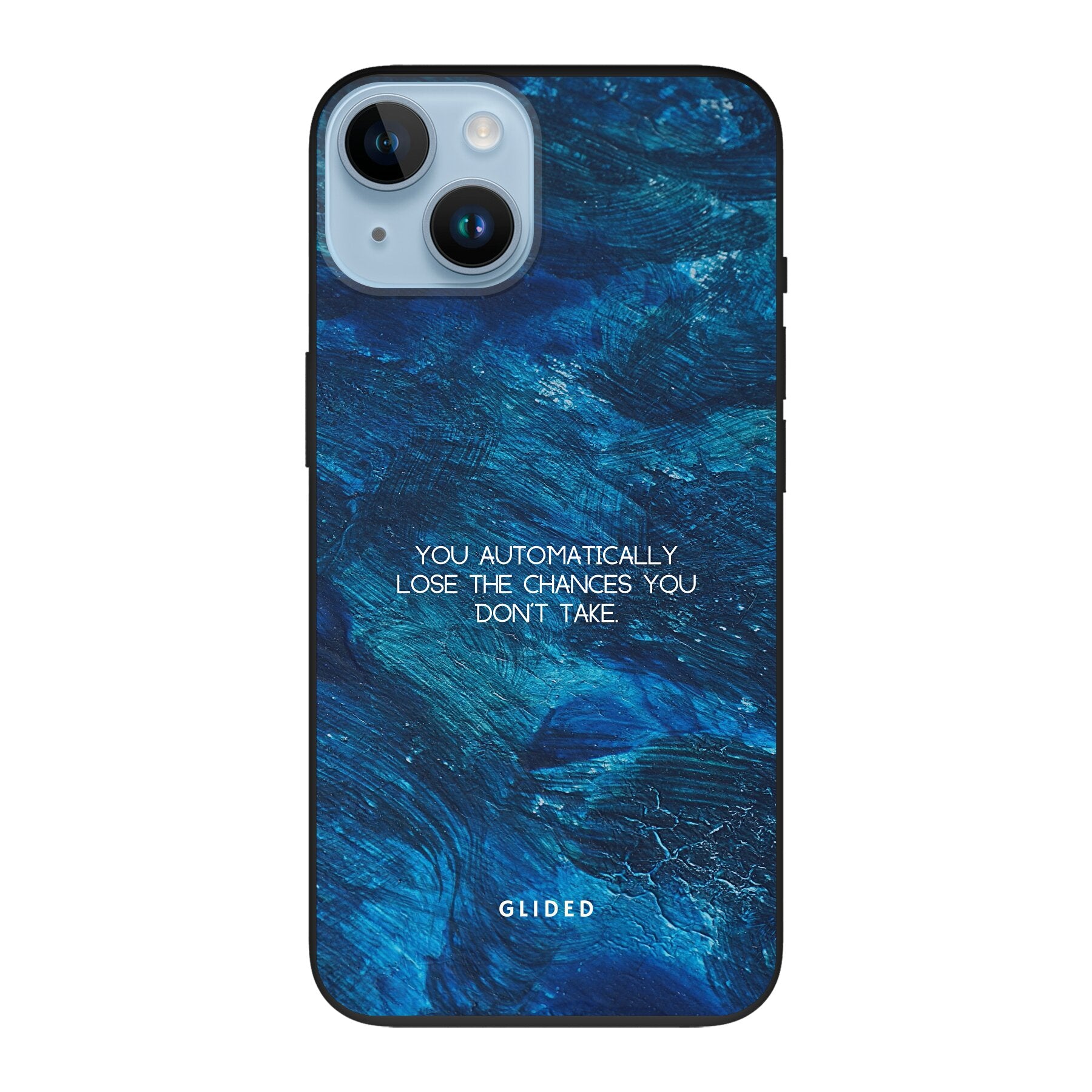Chances iPhone 14 Handyhülle mit inspirierendem Spruch auf dunkelblauem Hintergrund, bietet Schutz und Stil.