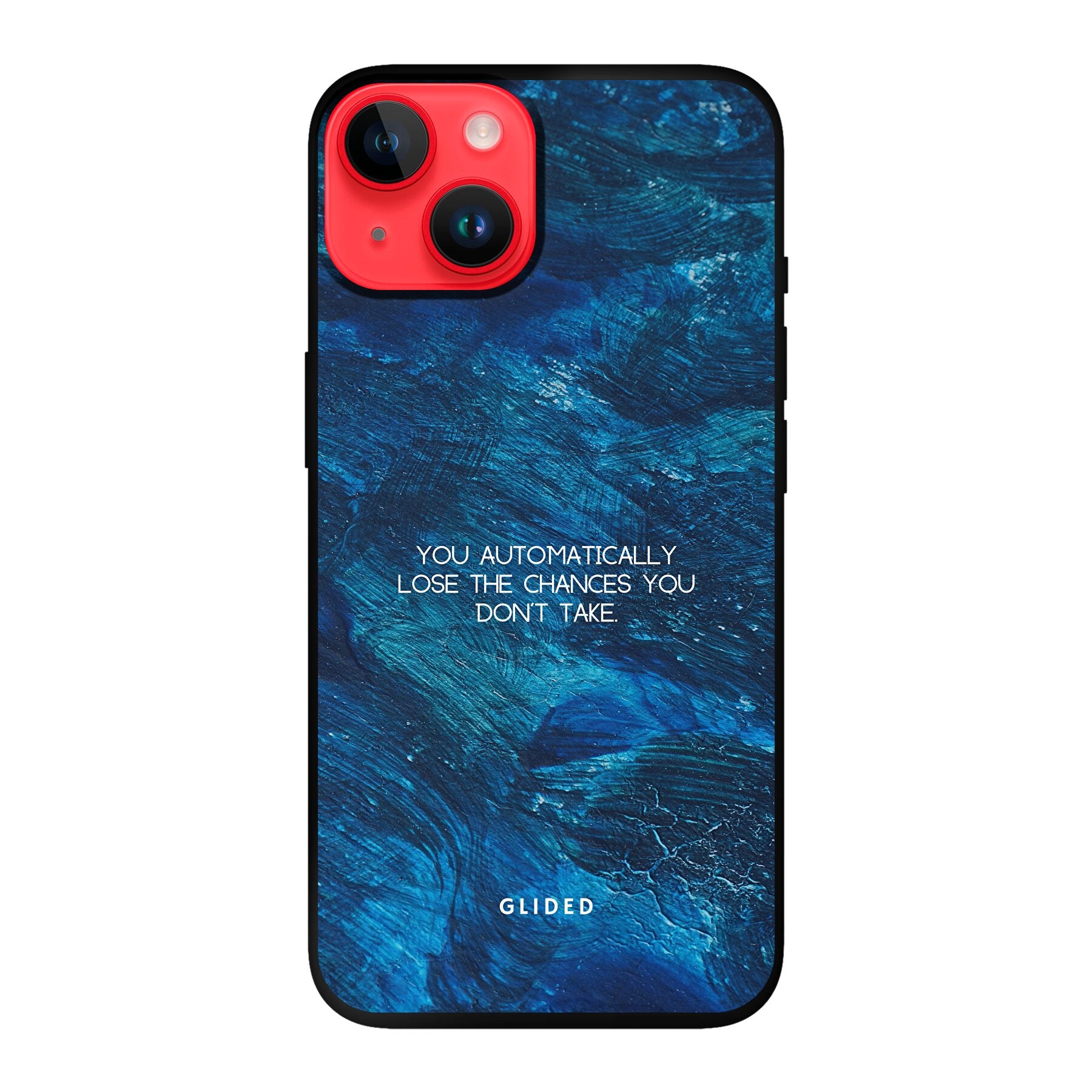 Chances iPhone 14 Handyhülle mit inspirierendem Spruch auf dunkelblauem Hintergrund, bietet Schutz und Stil.