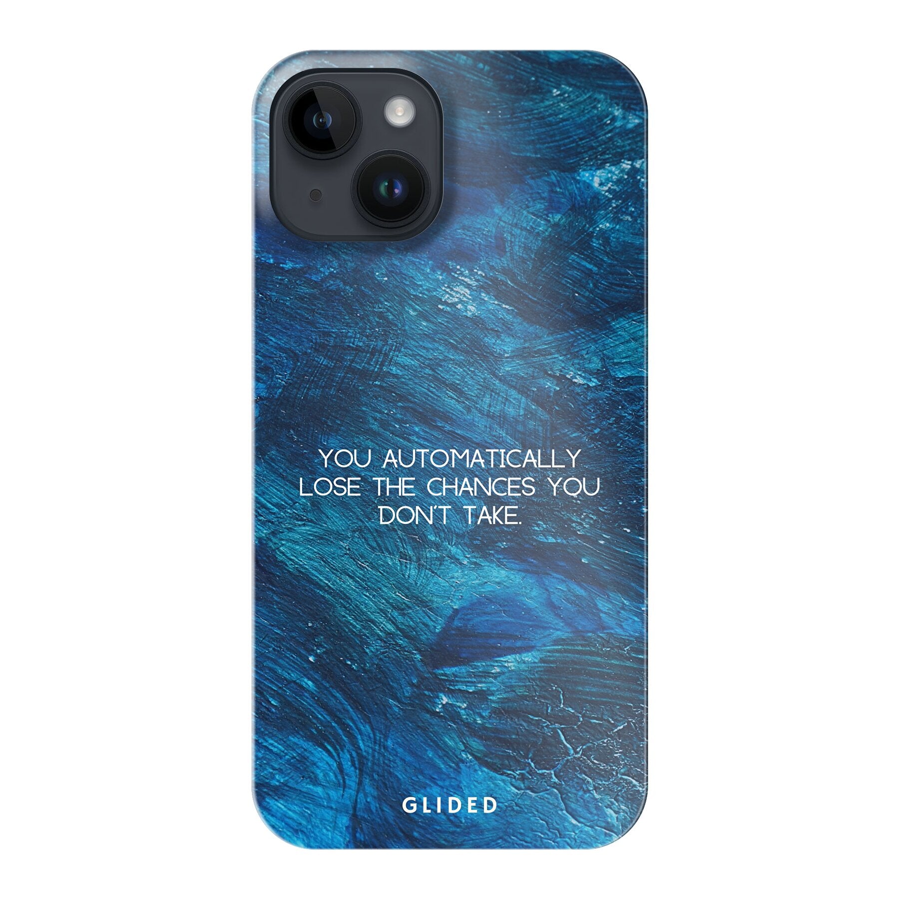 Chances iPhone 14 Handyhülle mit inspirierendem Spruch auf dunkelblauem Hintergrund, bietet Schutz und Stil.